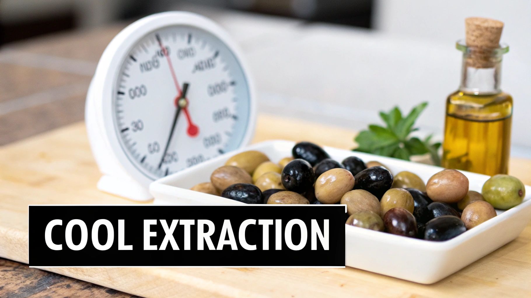 A white bowl filled with green and black olives, a small bottle of olive oil, and a kitchen timer, with the text 'COOL EXTRACTION'.