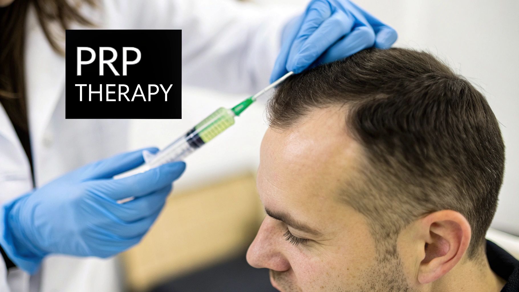 Medical professional in blue gloves administers PRP therapy injection to a man's scalp for hair loss.