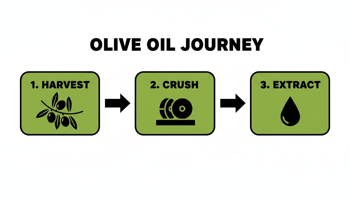 A simple infographic illustrating the three-step olive oil journey: harvest, crush, and extract.