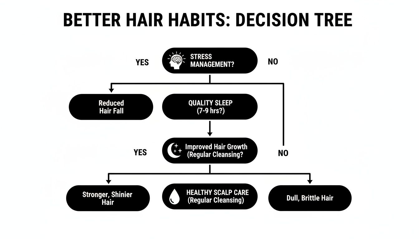 A decision tree illustrating better hair habits, showing paths for stress management, quality sleep, and regular cleansing.