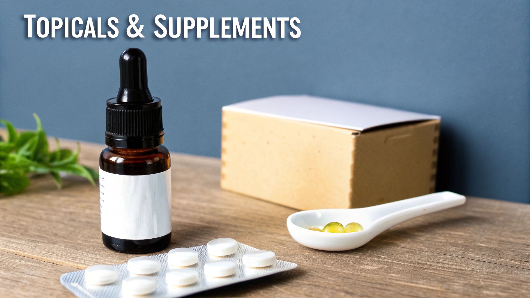 An array of topical products and supplements, including a dropper bottle, pills, and capsules.