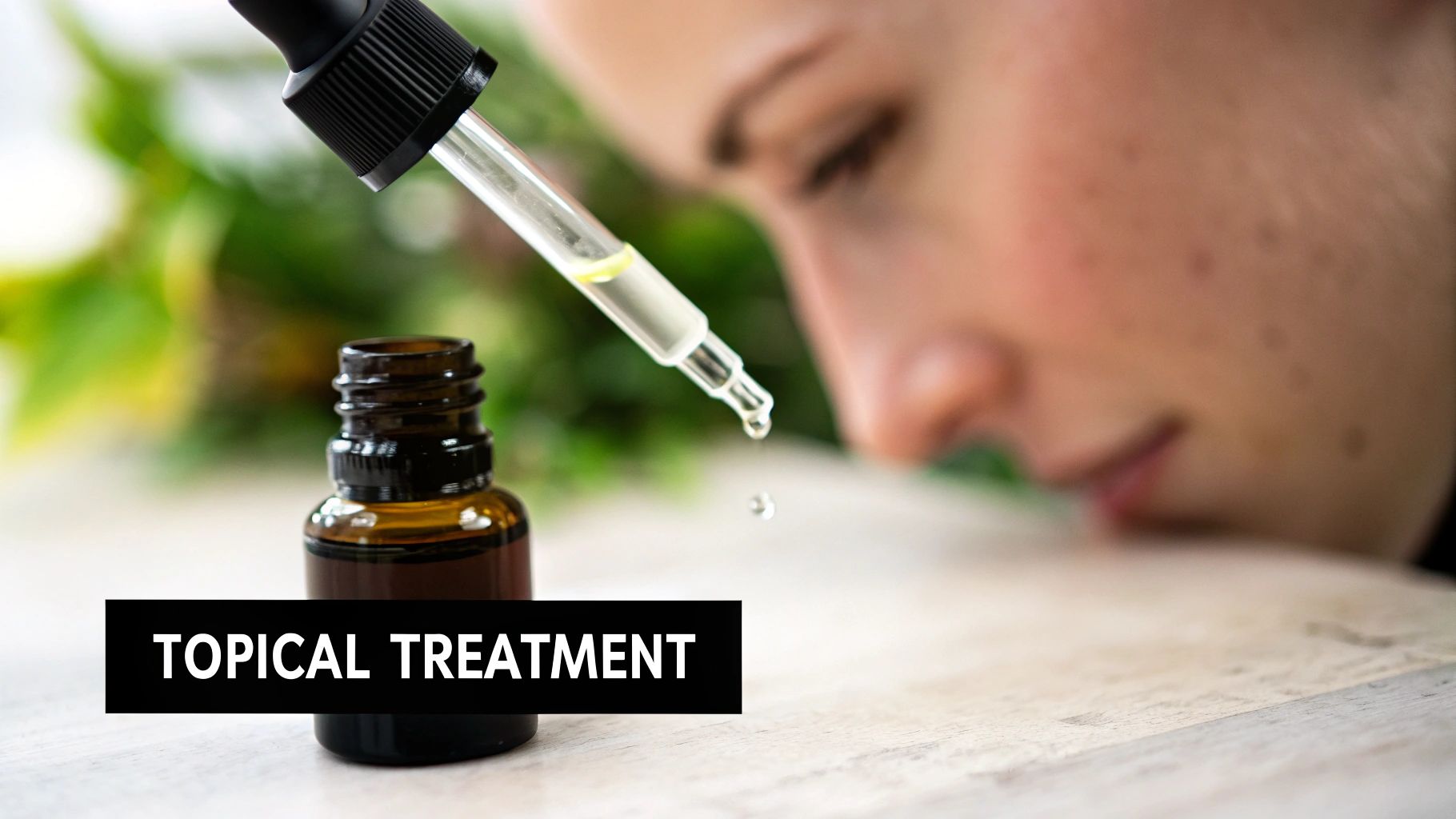 A dropper dispenses liquid into a small brown bottle, with a person's face blurred in the background, highlighting topical treatment.