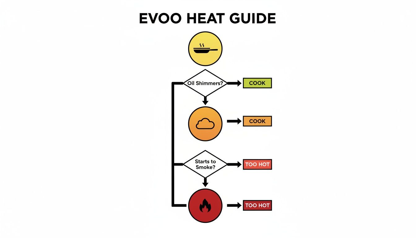 EVOO heat guide flowchart showing visual cues for cooking temperature: shimmer, steam, and smoke.