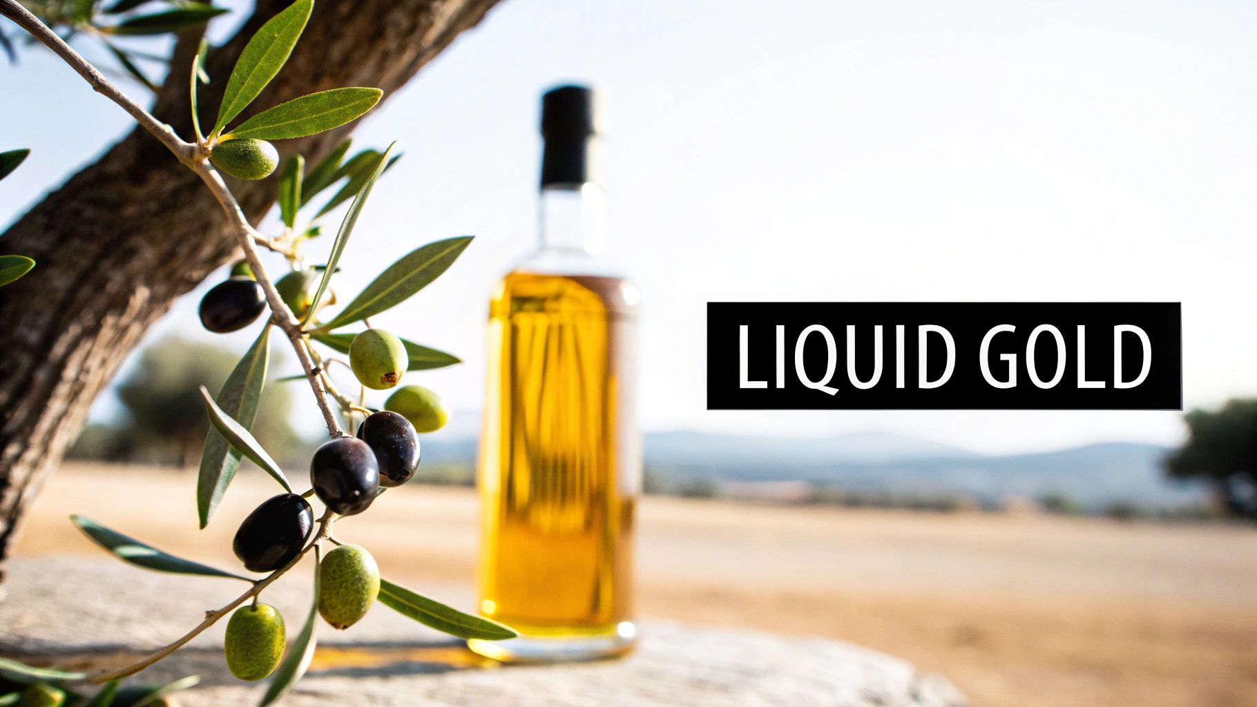 Close-up of olive branch with green and black olives, a bottle of olive oil, and 'LIQUID GOLD' text.