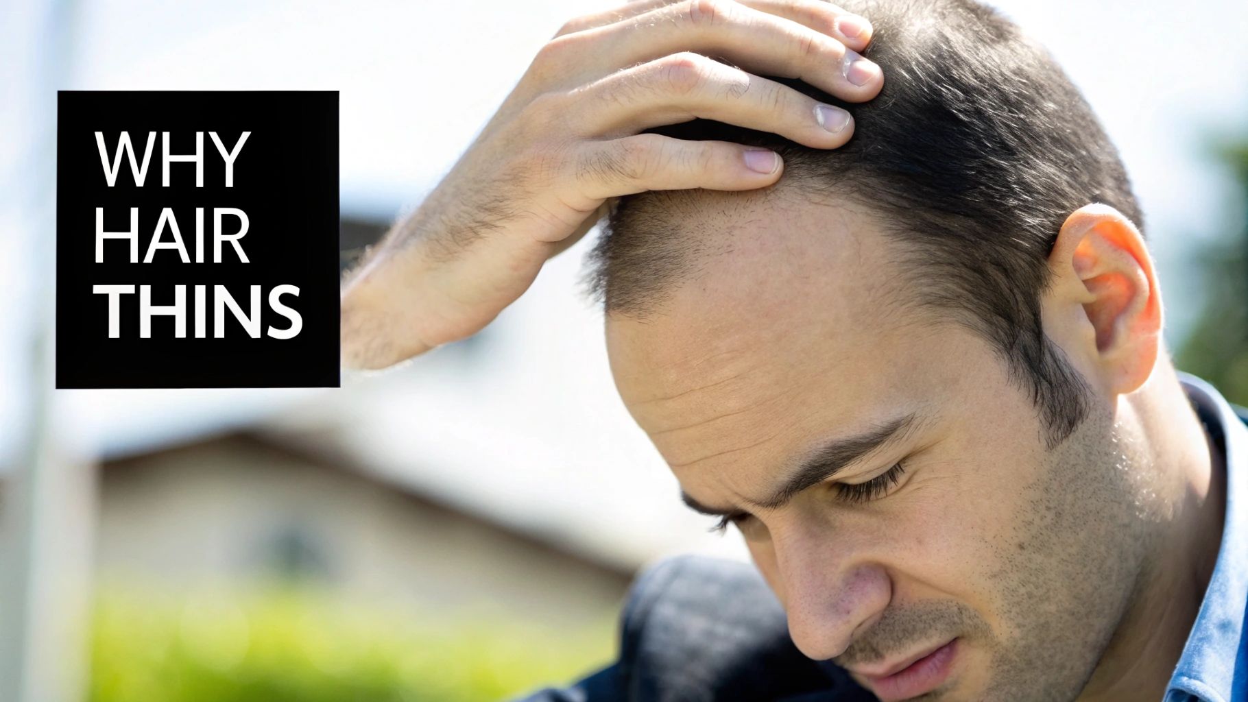 Man examining receding hairline and thinning hair on temples with hand on head