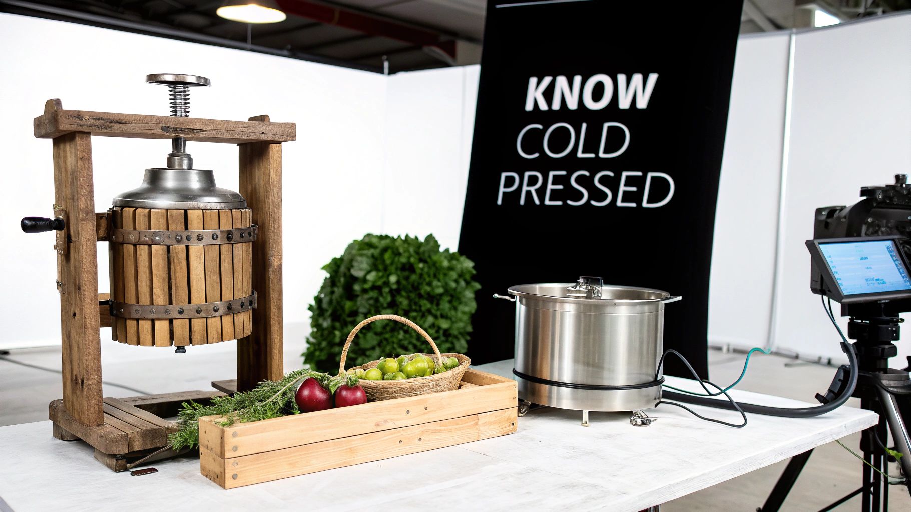 A rustic wooden fruit press sits next to fresh olives, red fruits, and a cold-pressed banner.