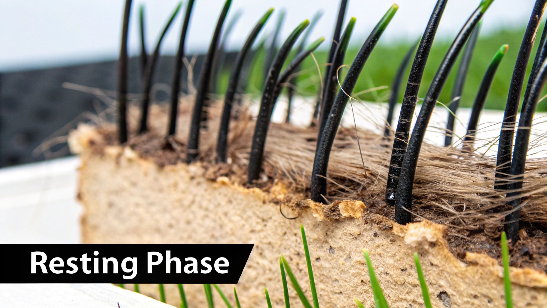 Close-up of a hair growth model, showing black hair follicles in the resting phase with some green growth.