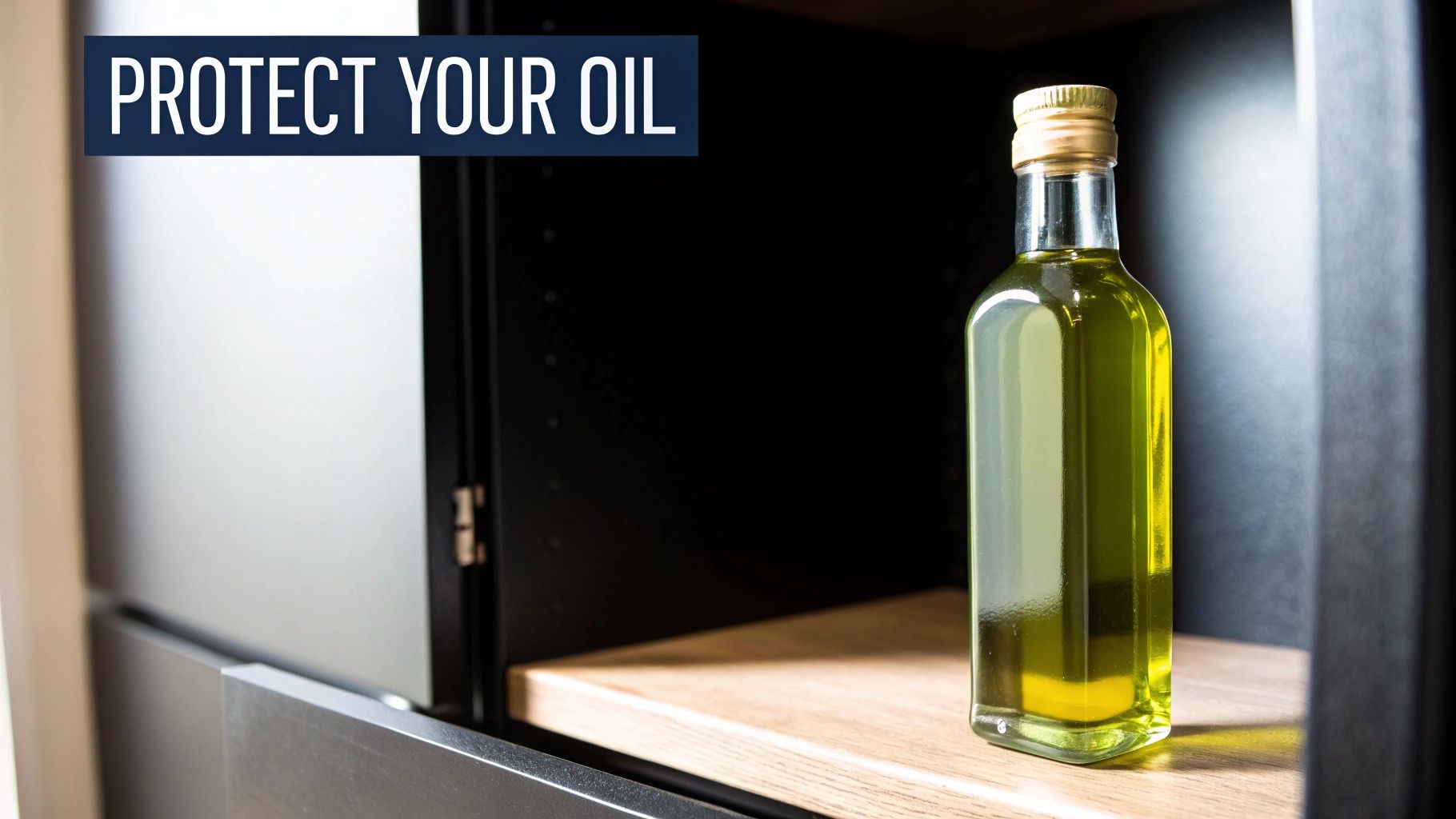 A bottle of olive oil stands on a wooden shelf inside a dark cabinet with the text 'PROTECT YOUR OIL' overlaid.