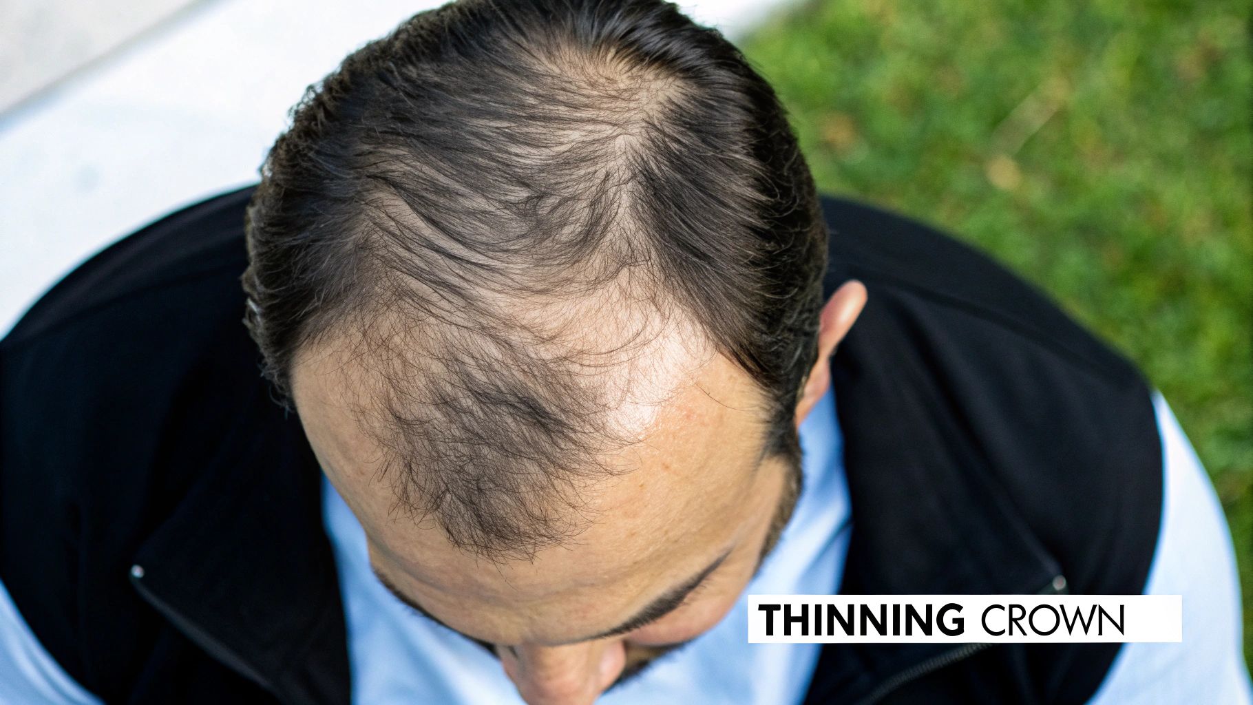 Man examining his hairline in the mirror.