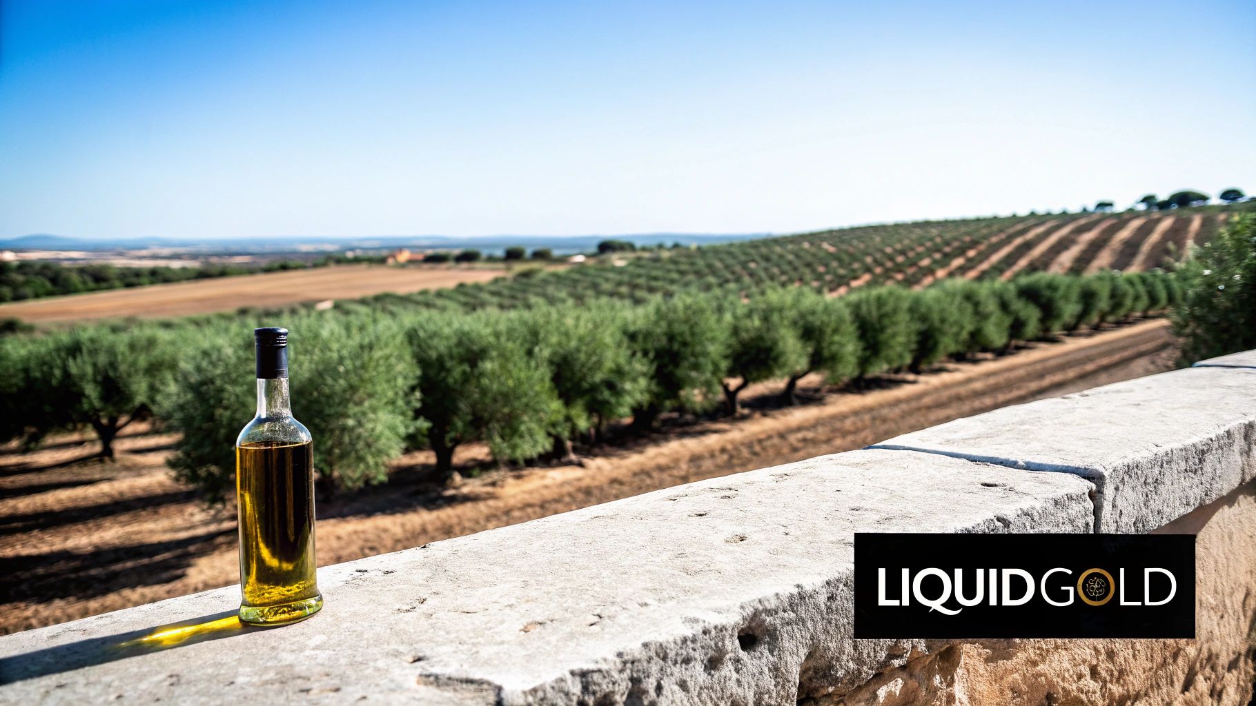 A bottle of golden olive oil on a stone wall overlooking an expansive olive grove.