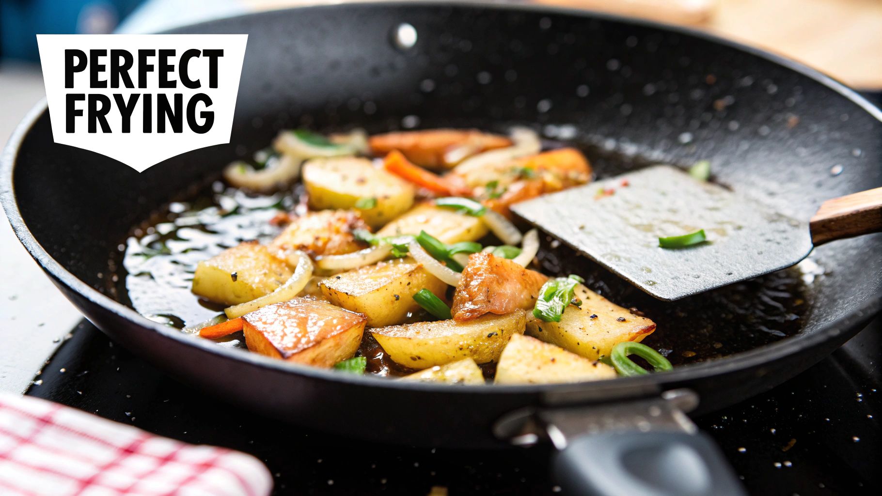 Chopped potatoes, onions, and bell peppers frying in a pan, demonstrating 'PERFECT FRYING'.
