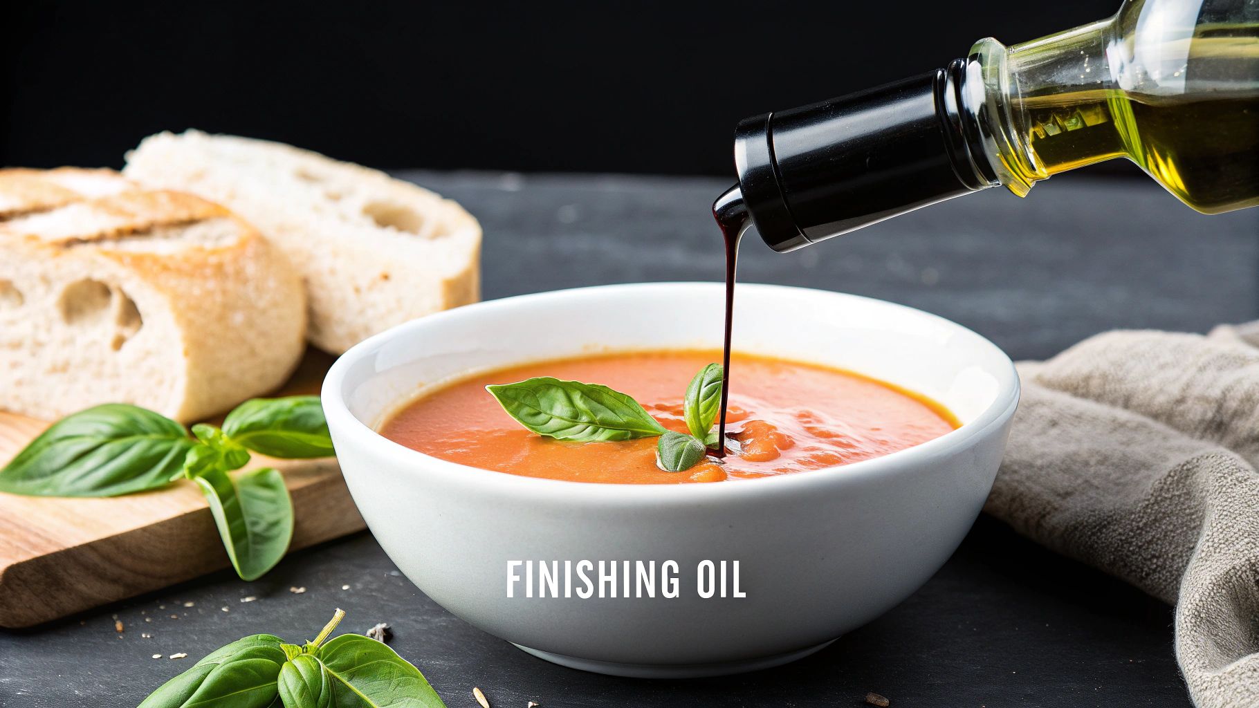 A bowl of fresh tomato soup garnished with basil, being drizzled with dark finishing oil, served with bread.