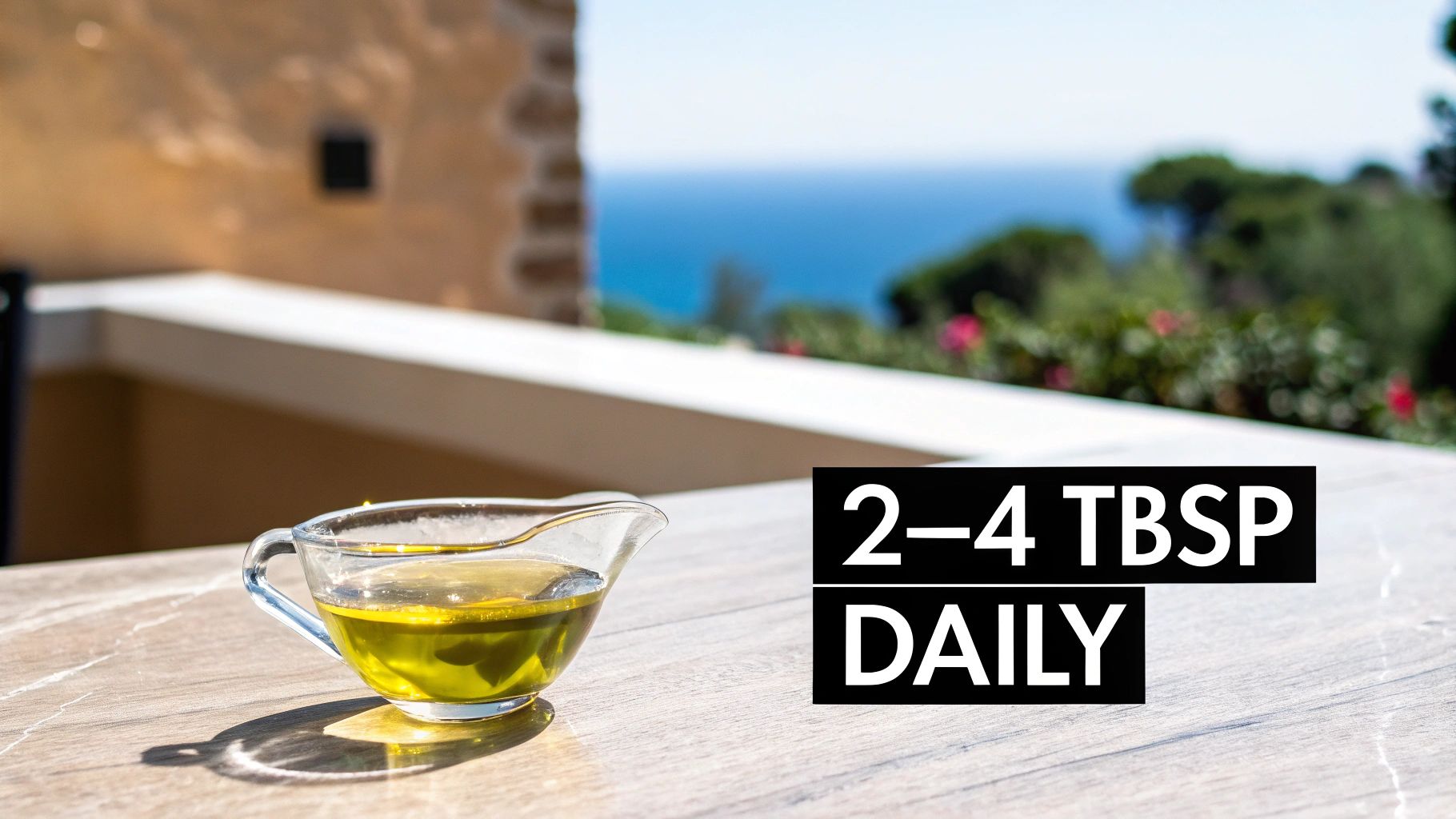 A glass gravy boat filled with olive oil on a table, with '2-4 TBSP DAILY' text.