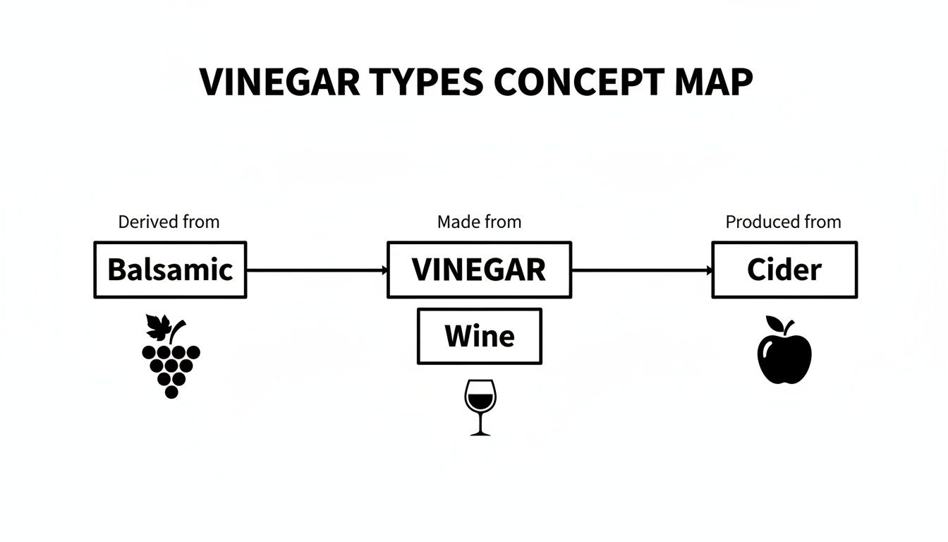 Concept map illustrating different vinegar types, showing balsamic from grapes, wine vinegar, and cider vinegar from apples.