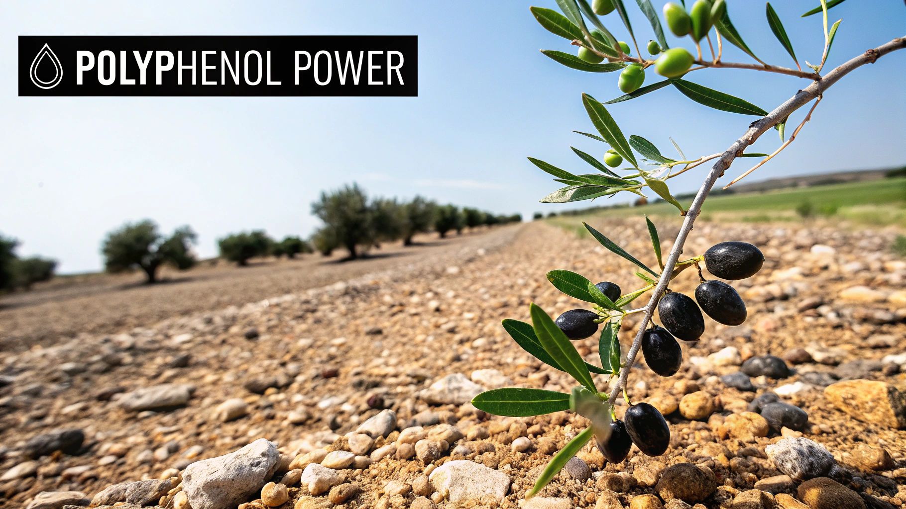 A sun-drenched olive grove with gnarled trees, hinting at the challenging conditions that create potent oils.