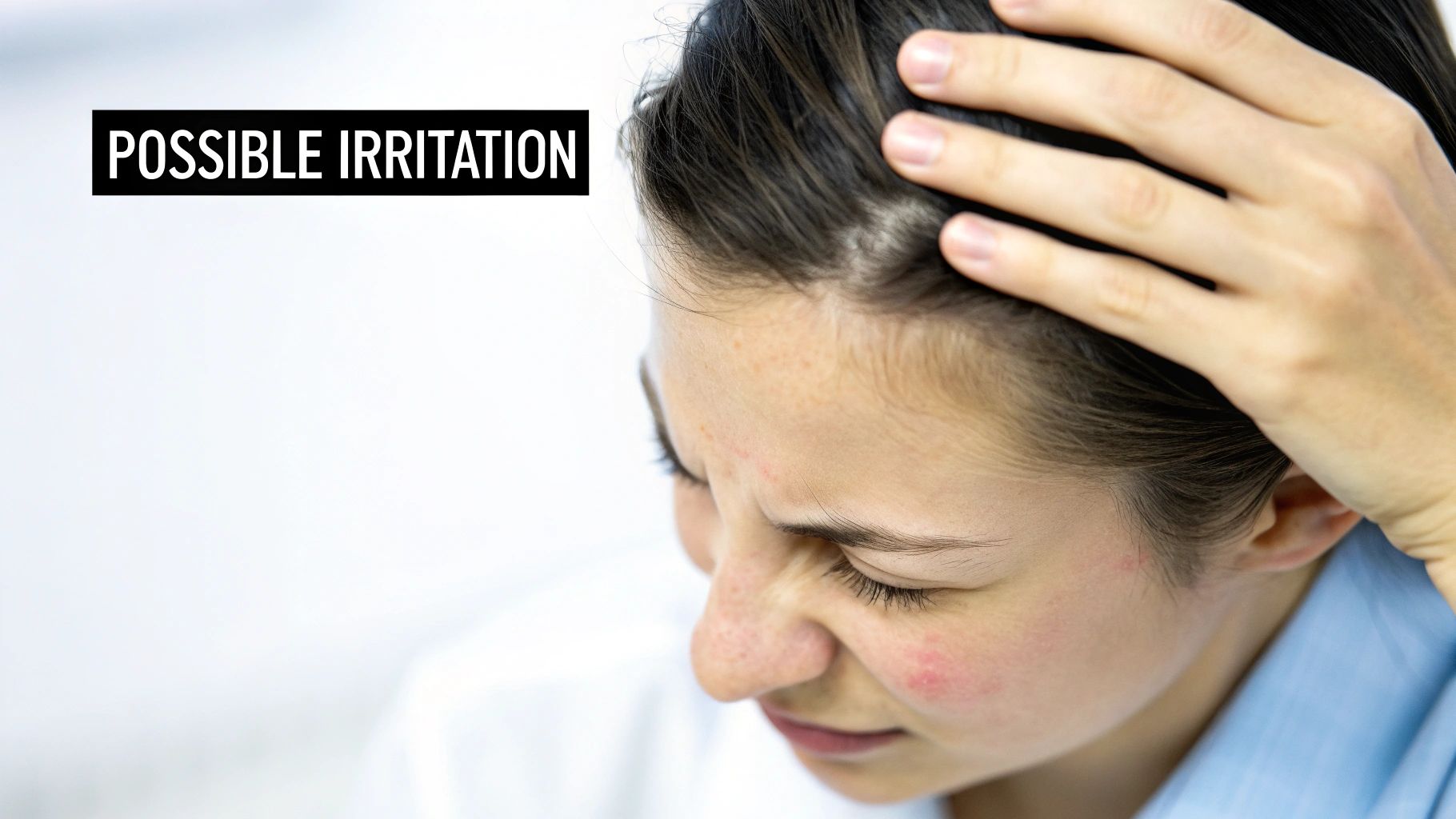 A bottle of caffeine shampoo on a bathroom counter, emphasizing its safety and low-risk profile.