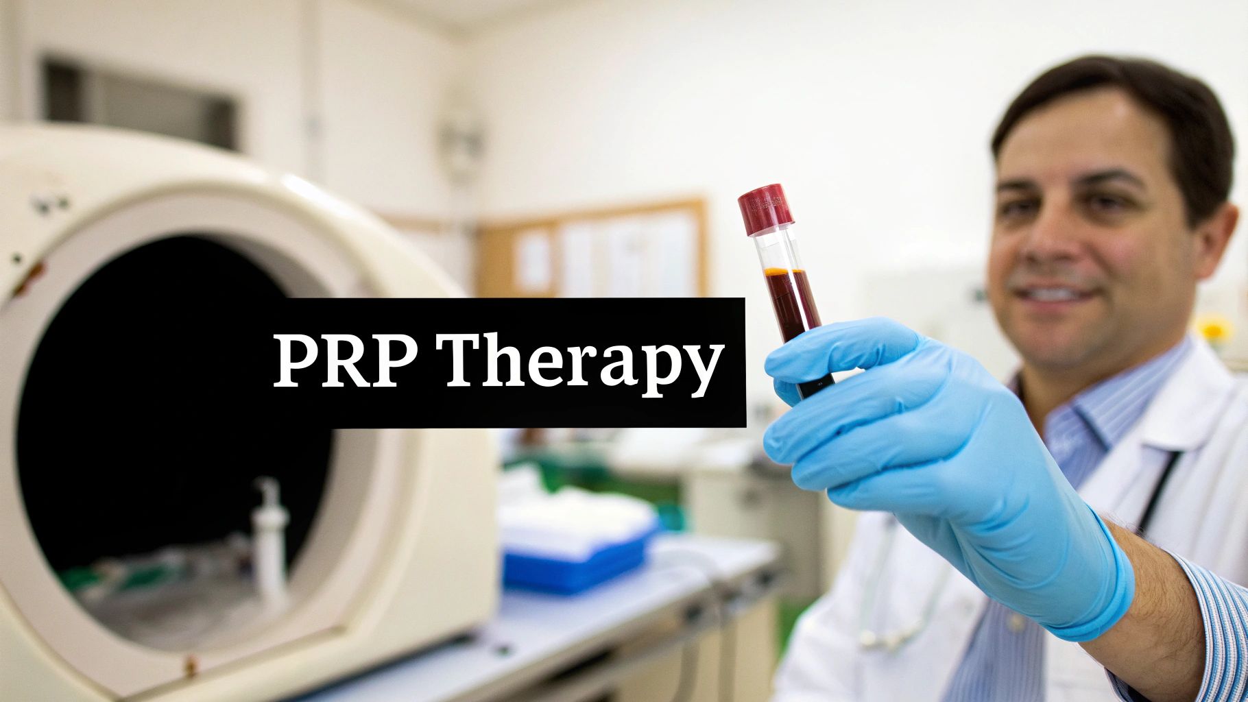 Smiling doctor in a lab coat and blue gloves holding a blood sample for PRP therapy.