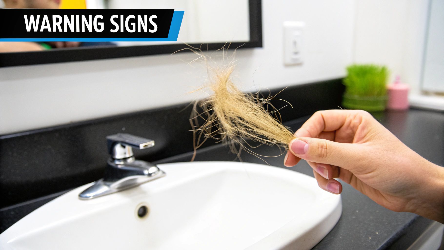 A person examining their hair in a mirror, looking for signs of dryness or thinning.