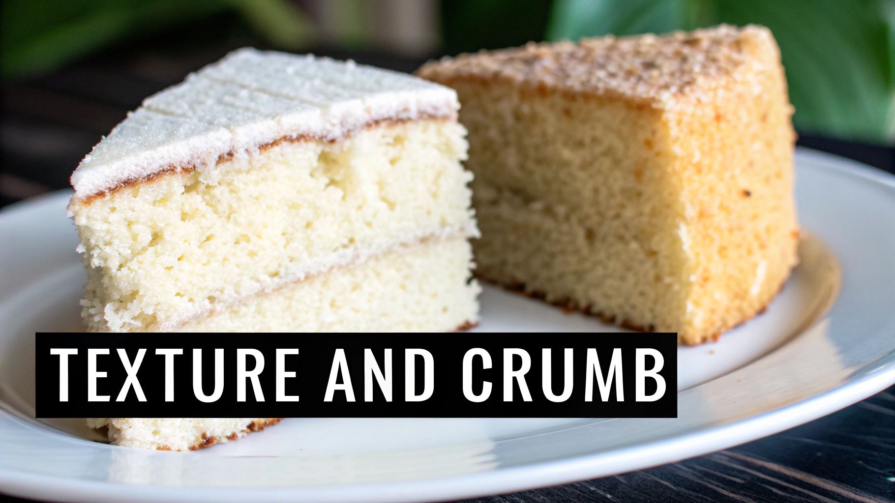 Two slices of cake, one white with frosting and one golden, on a plate, showcasing their crumb texture.