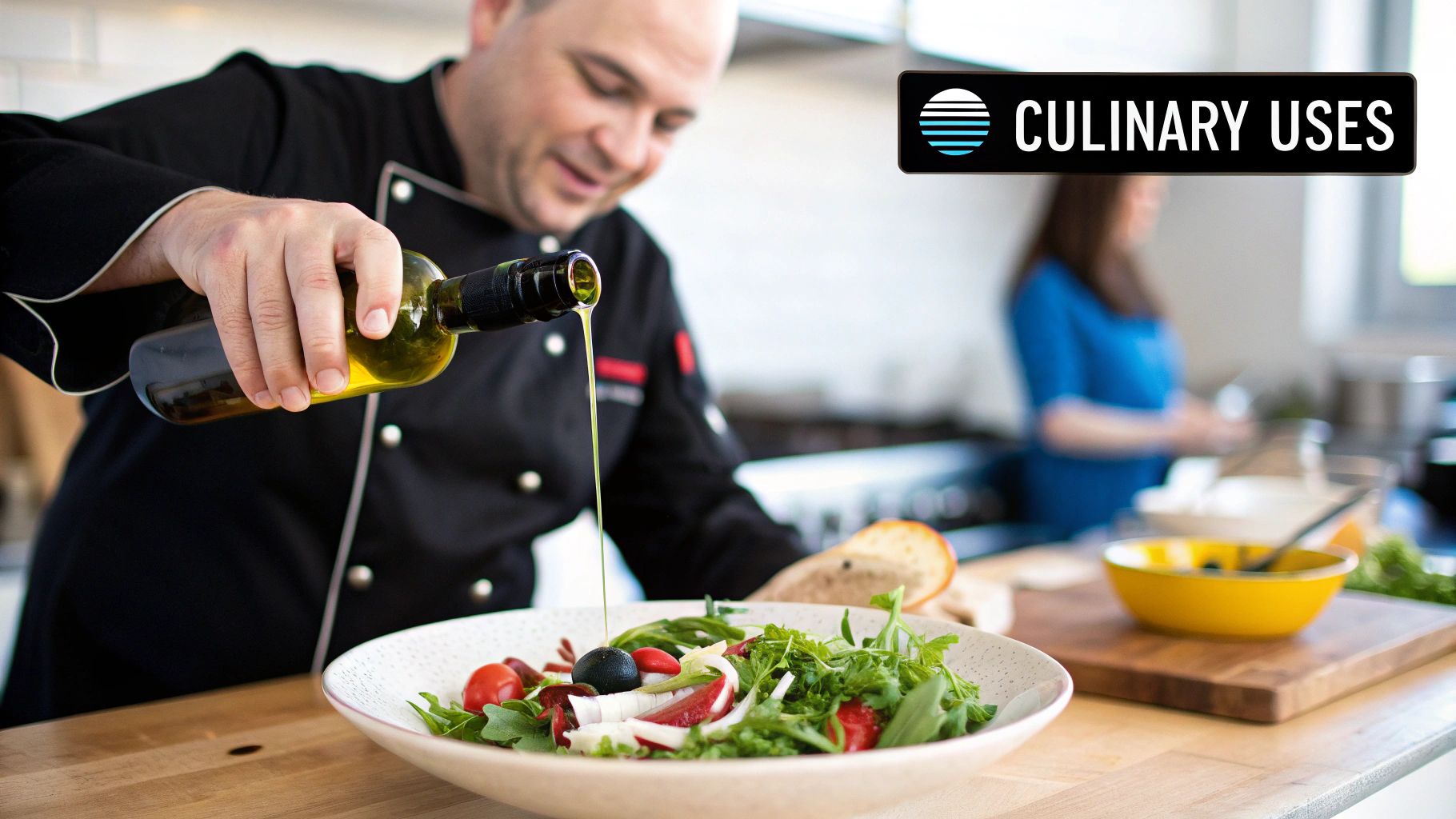 Chef drizzling early harvest olive oil over a dish