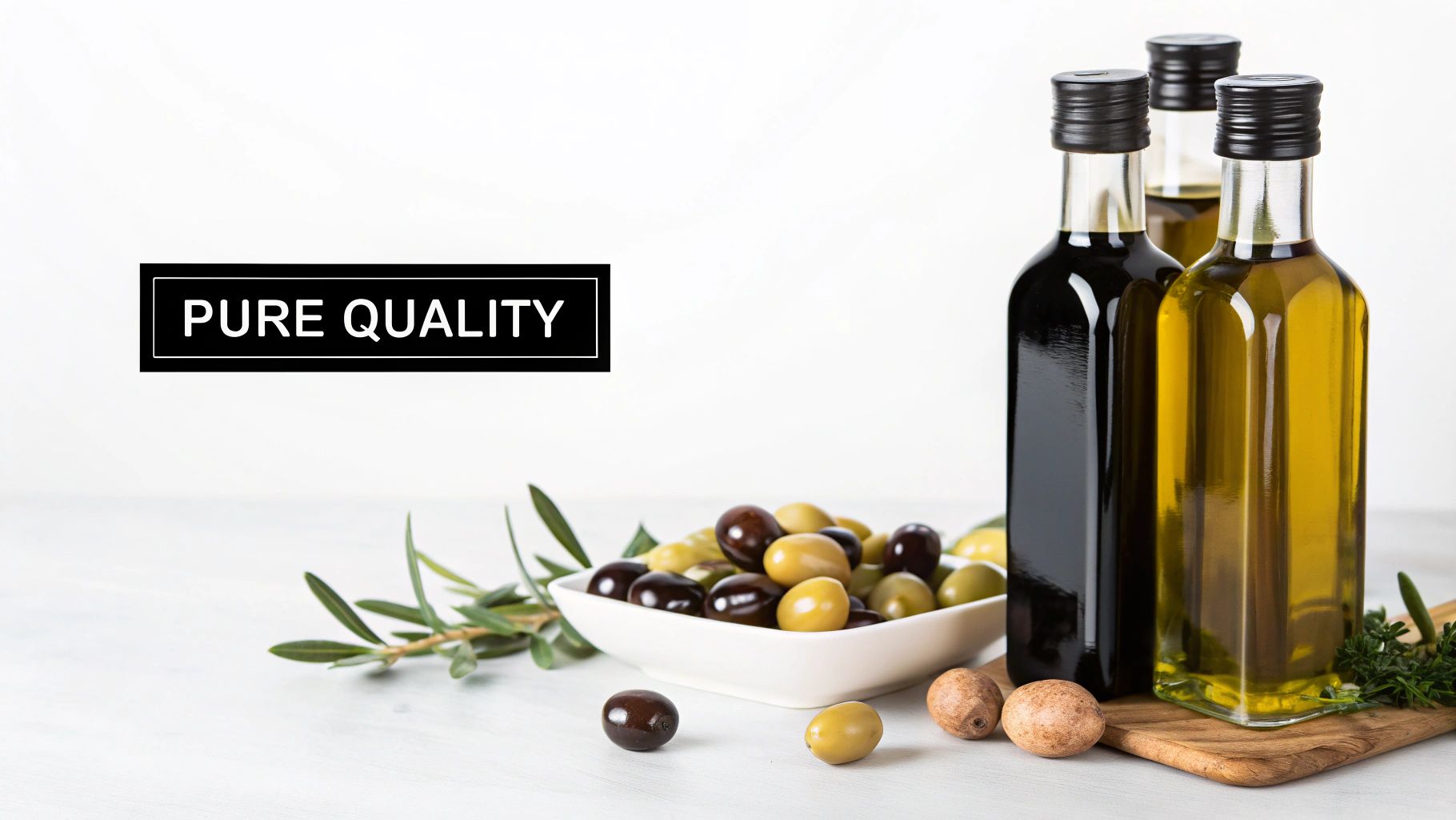 A close-up shot of vibrant green vegetables and herbs being prepared on a wooden cutting board, with a bottle of extra virgin olive oil nearby.