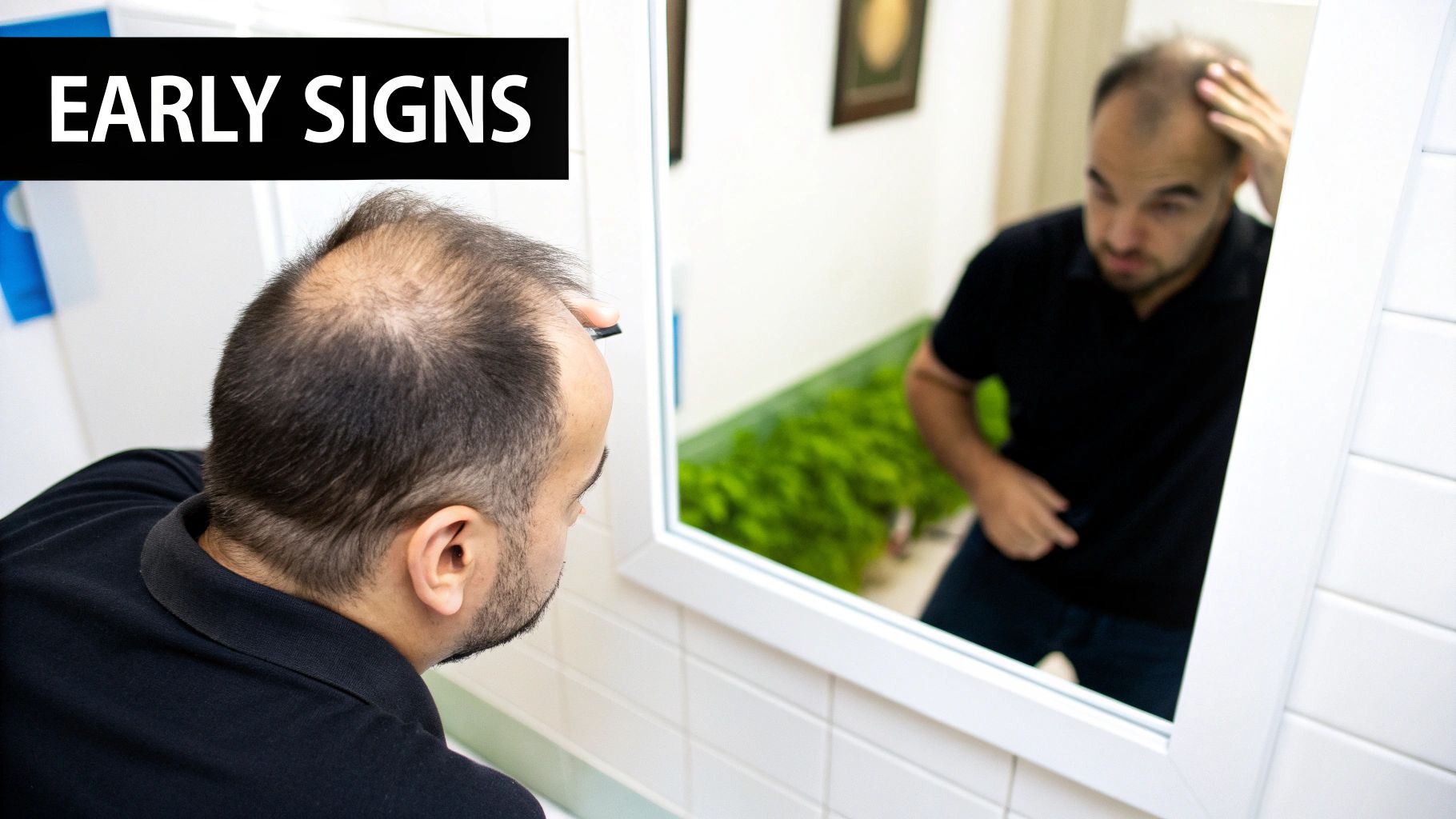 A man looks at his receding hairline and balding scalp in a mirror, showing early signs of hair loss.