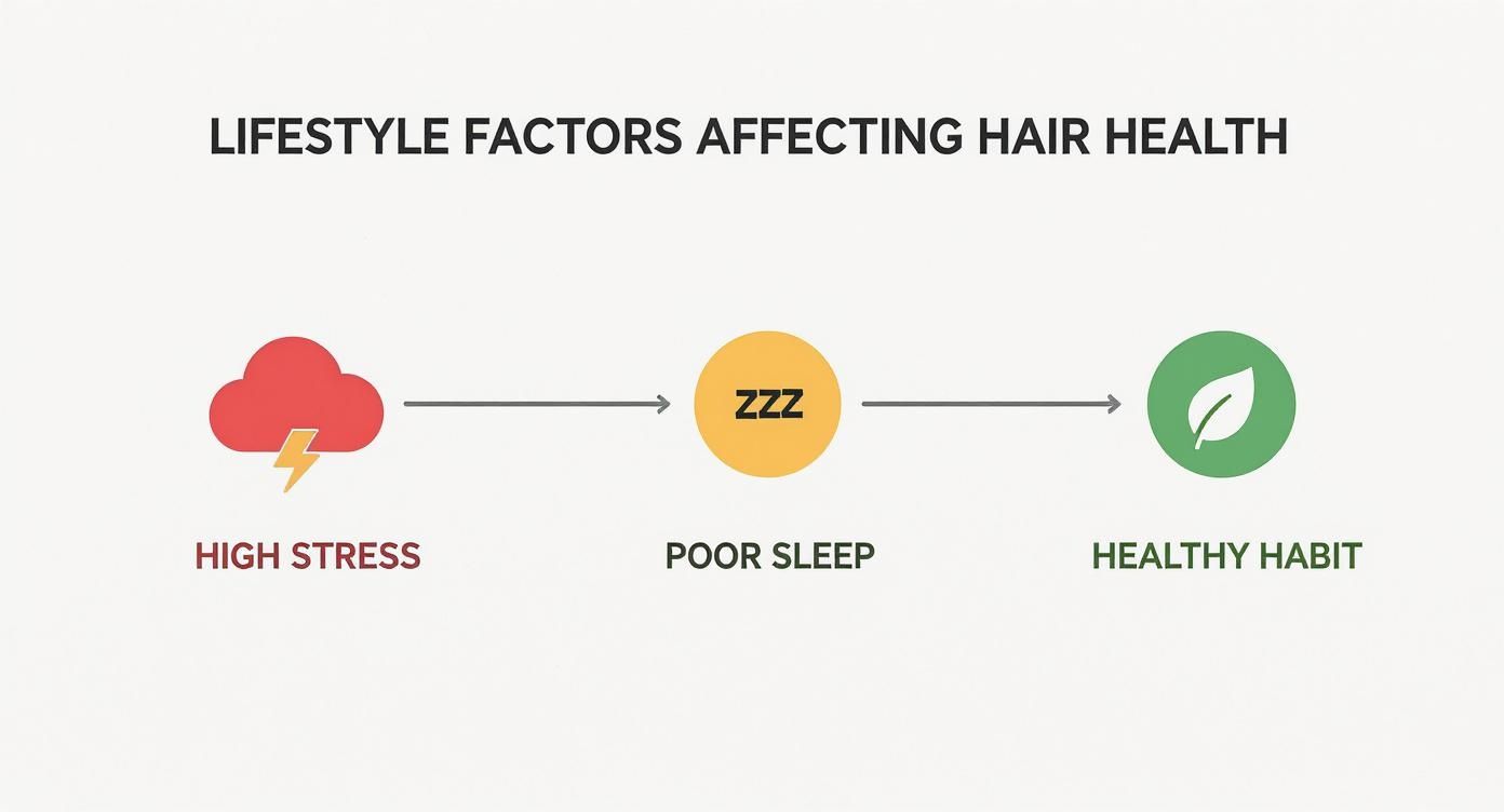 Infographic showing a timeline of how lifestyle choices impact hair health, starting with high stress (red), moving to poor sleep (yellow), and ending with healthy habits (green).