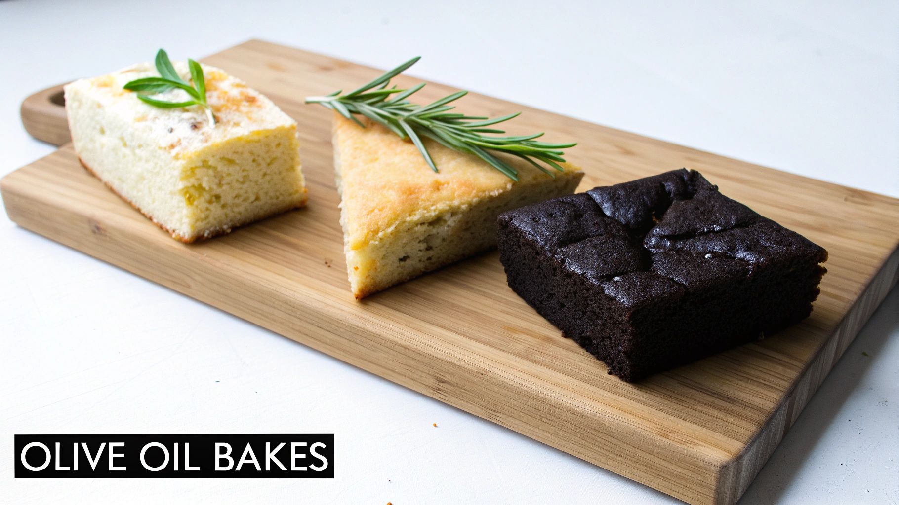 Three olive oil baked goods: a square cake, a triangular cake with rosemary, and a dark brownie on a wooden board.