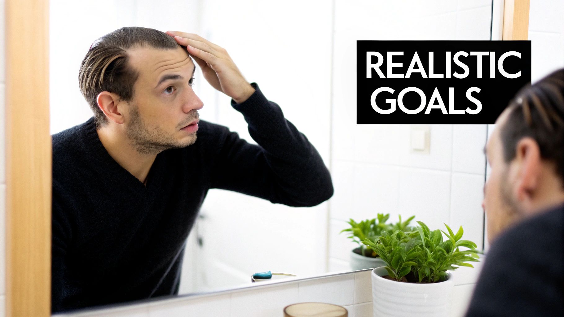 Man looking at his receding hairline in a mirror, with 'REALISTIC GOALS' overlay.