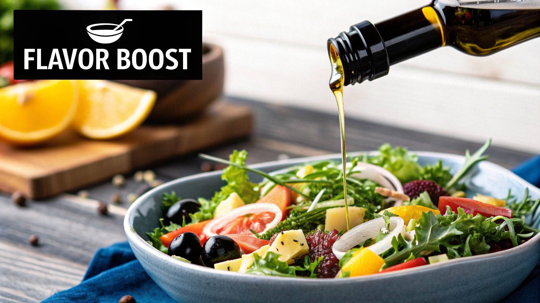 A person pouring olive oil from a bottle onto a pan with fresh vegetables.