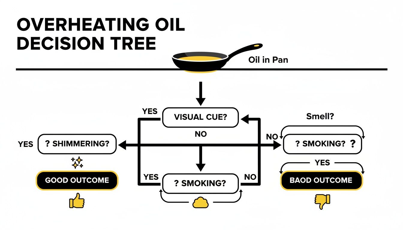 A decision tree flowchart explaining how to identify overheating cooking oil using visual cues and smoke.