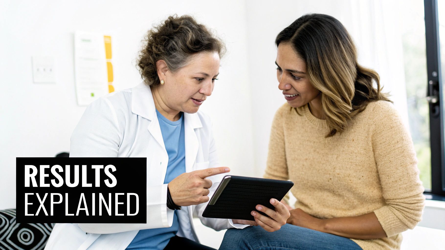 A female doctor in a white coat explains results on a tablet to a smiling female patient, with text overlay 'RESULTS EXPLAINED'.