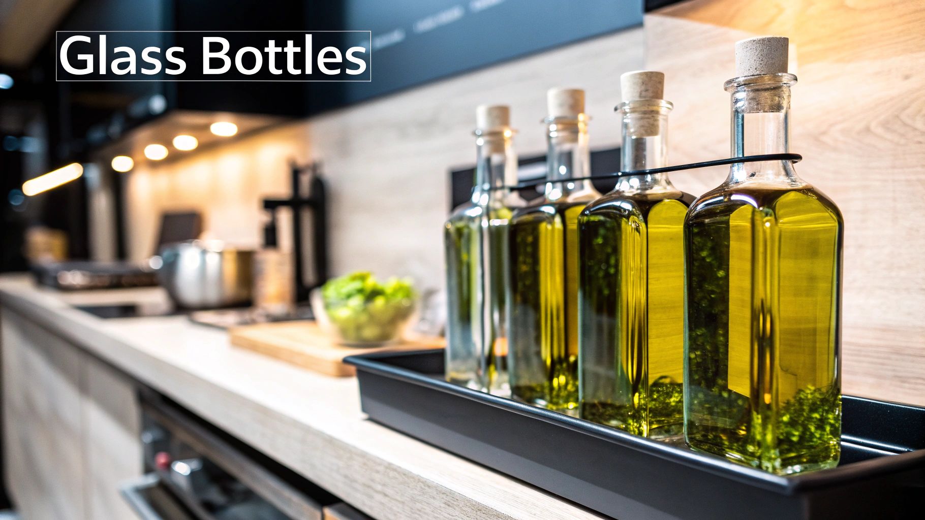 Olive oil stored in a dark pantry