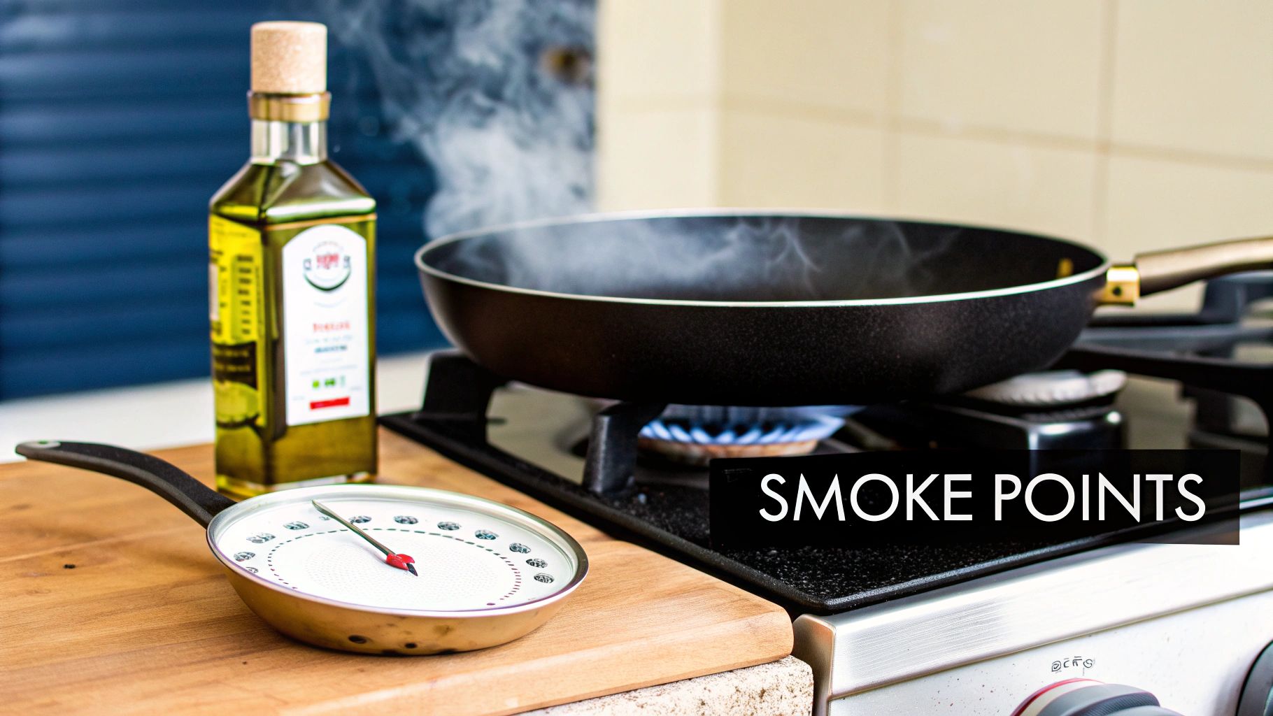 Olive oil bottle, hot frying pan on a stove with steam, and a kitchen thermometer.