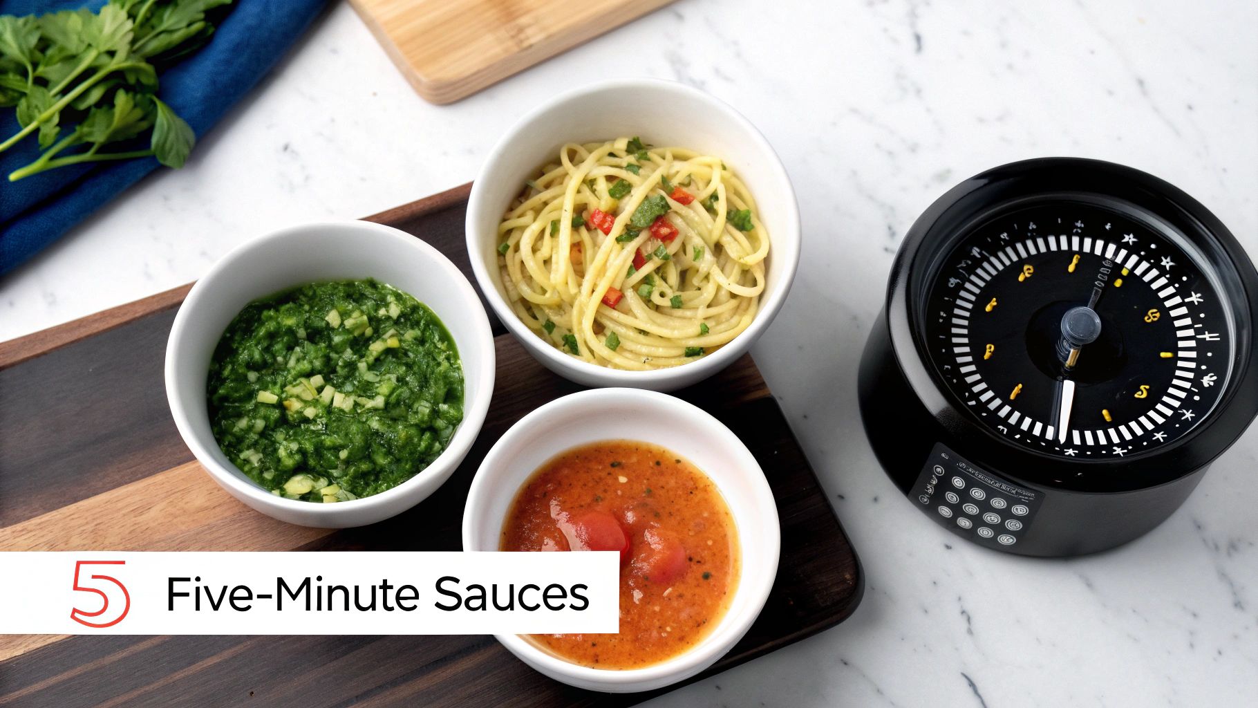 A variety of global sauces in small bowls, including a green pesto-like sauce, a red sauce, and an oil-based dip with herbs.