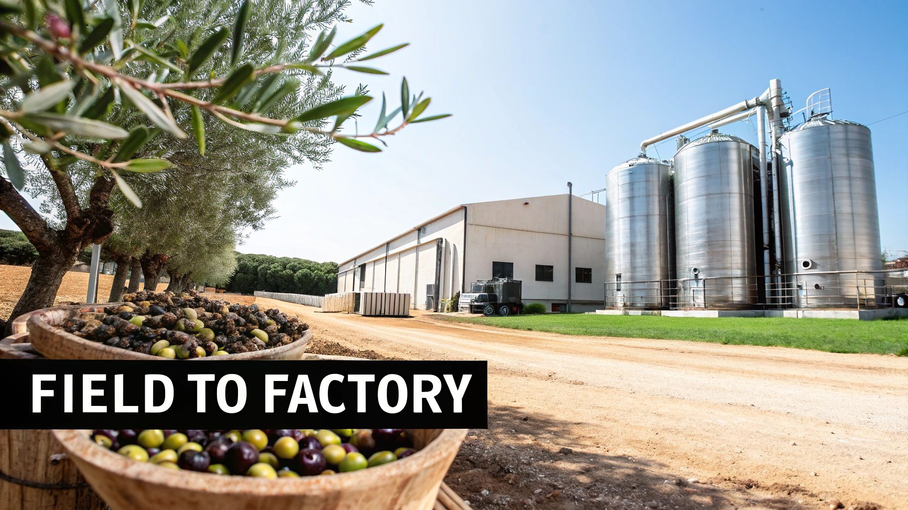 Freshly harvested olives in wooden barrels with an olive grove and a large olive oil factory with silos in the background.