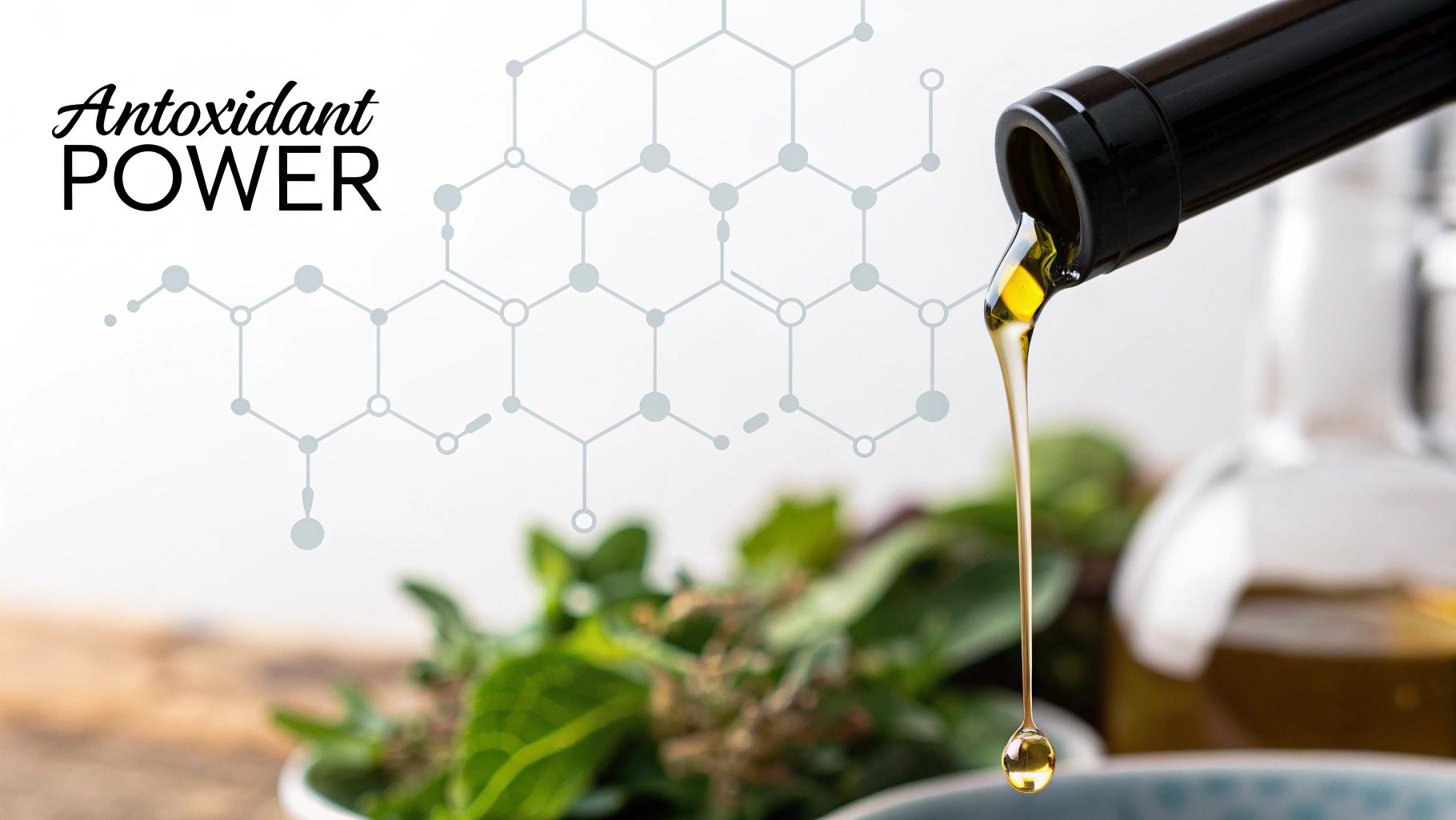 Olive oil pouring from bottle showcasing antioxidant power with molecular structure and fresh herbs