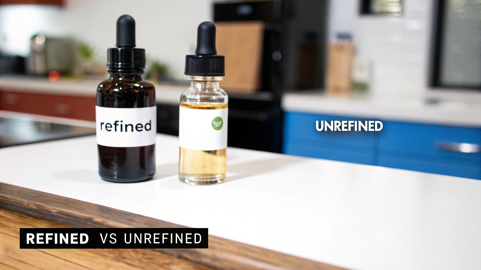 Two dropper bottles, one labeled 'refined' and another 'unrefined', comparing liquids on a kitchen counter.
