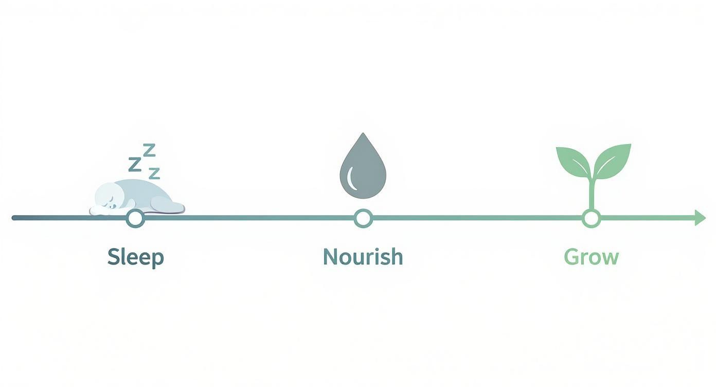 Infographic showing the three stages of a process: sleep, nourish, and grow with descriptive icons.