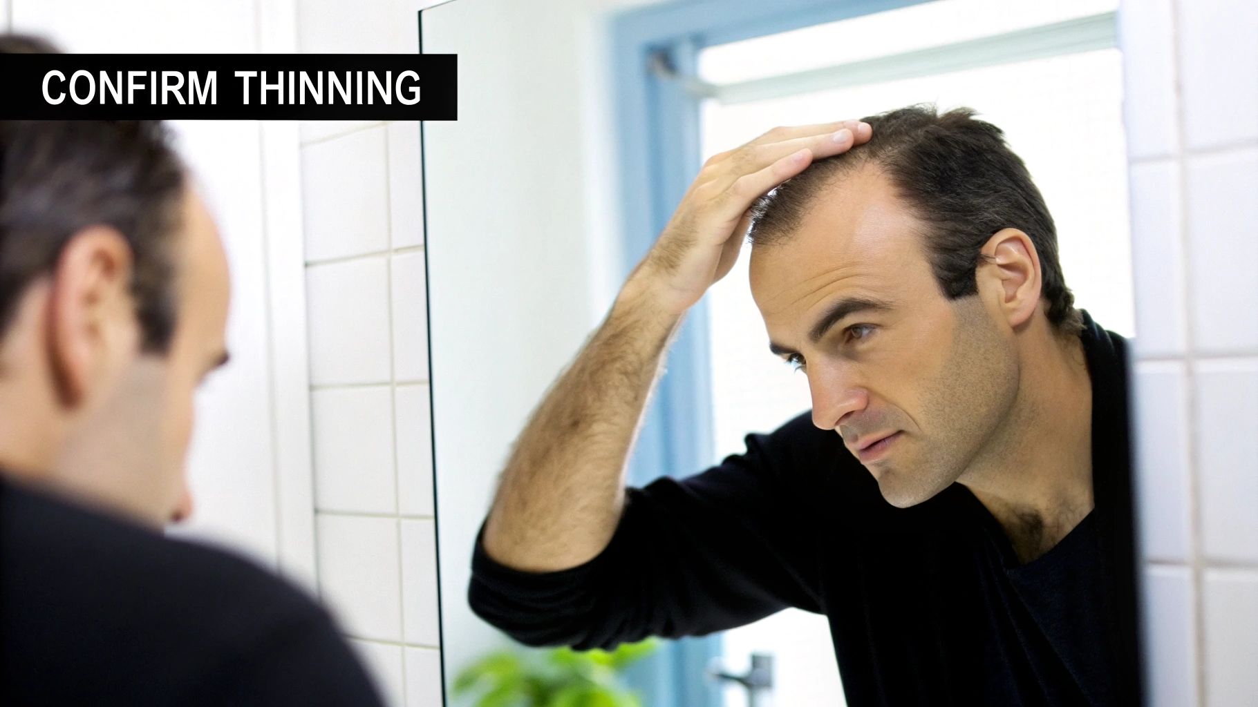 A man looks into a mirror, lifting his hand to check his thinning hair and receding hairline.