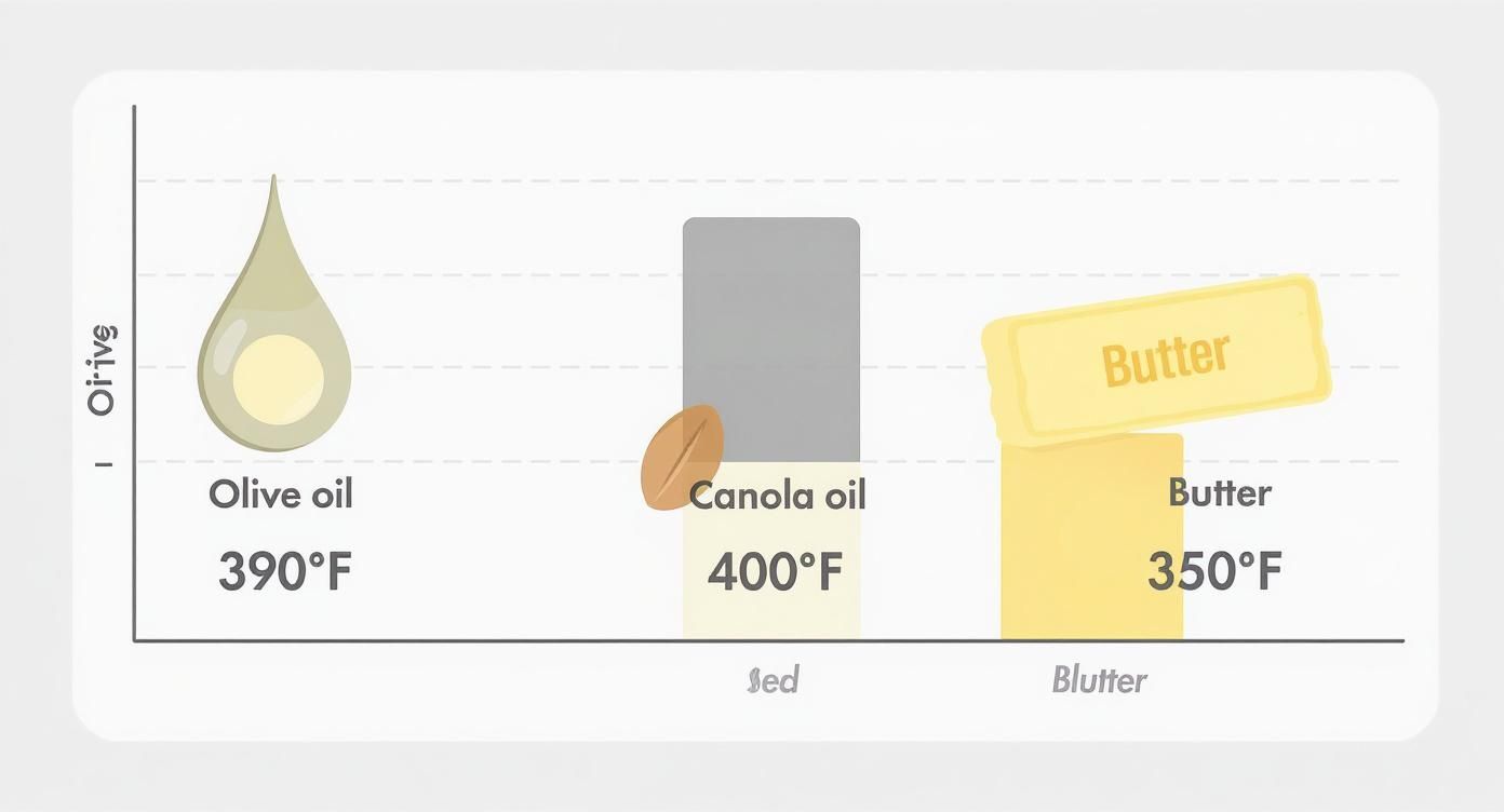 Infographic comparing the smoke points of olive oil, canola oil, and butter