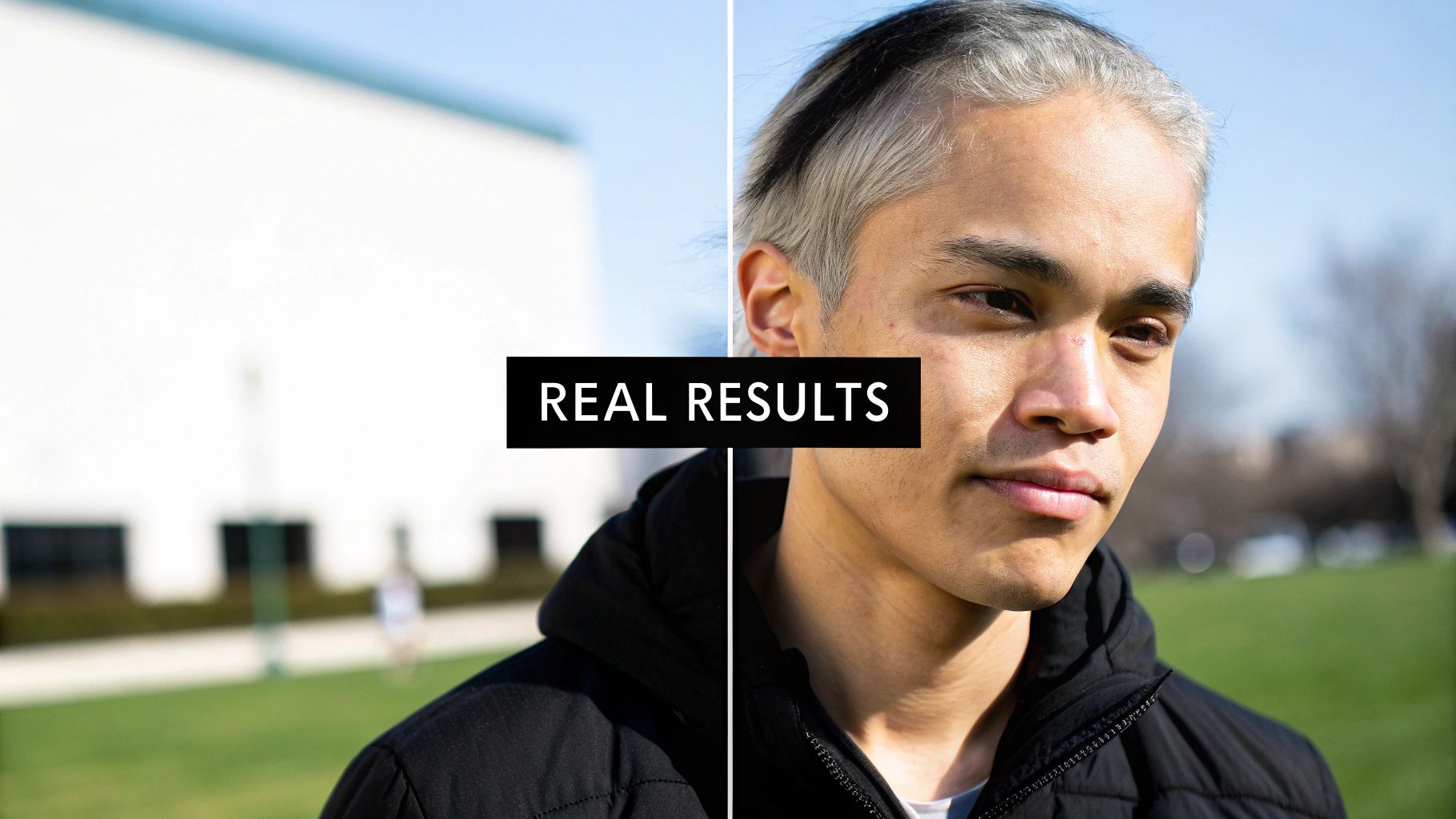 Split image featuring 'REAL RESULTS' text, showing a man with noticeable hair on the right.
