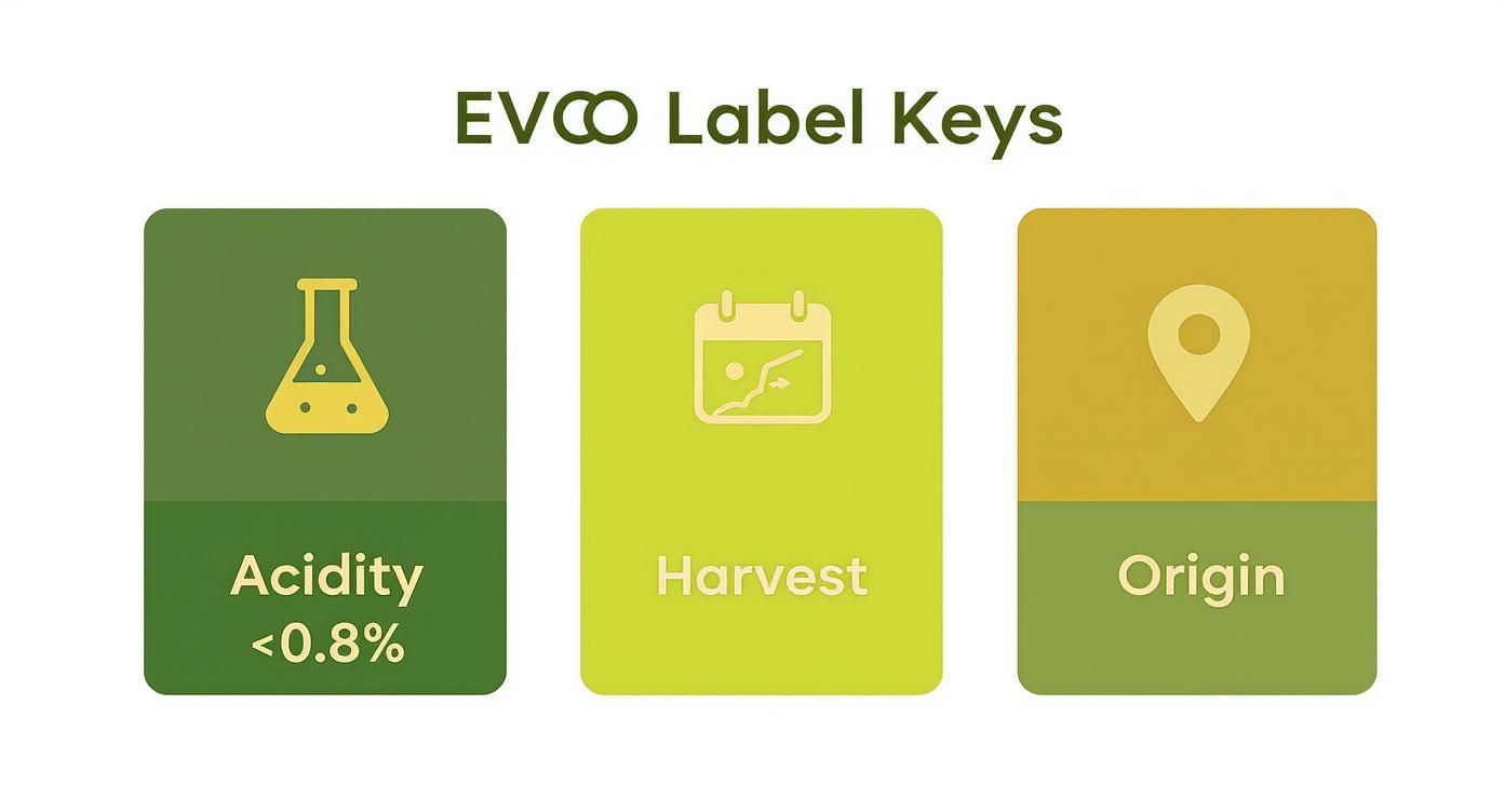 EVOO label keys showing acidity level under 0.8 percent, harvest date calendar, and origin location pin