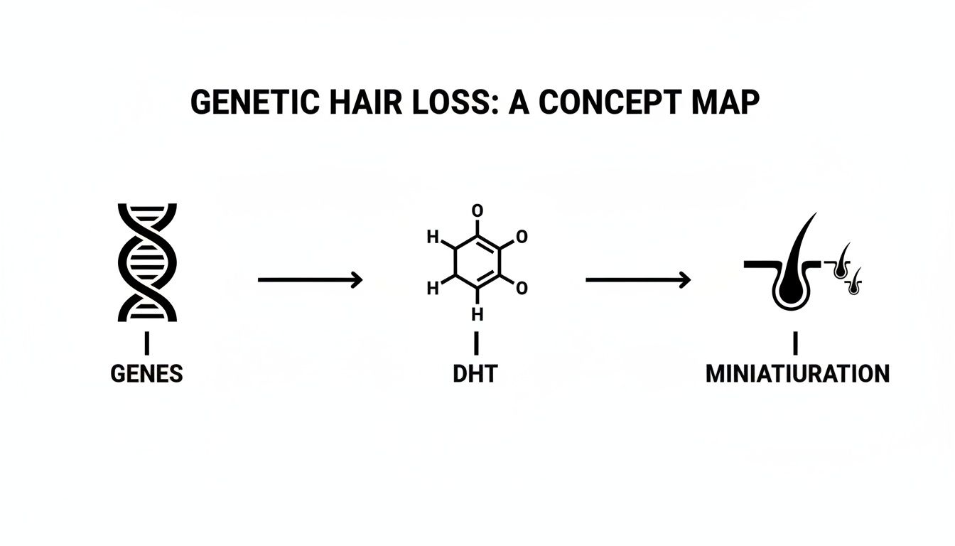 A concept map illustrating genetic hair loss, showing genes leading to DHT, which causes hair miniaturization.