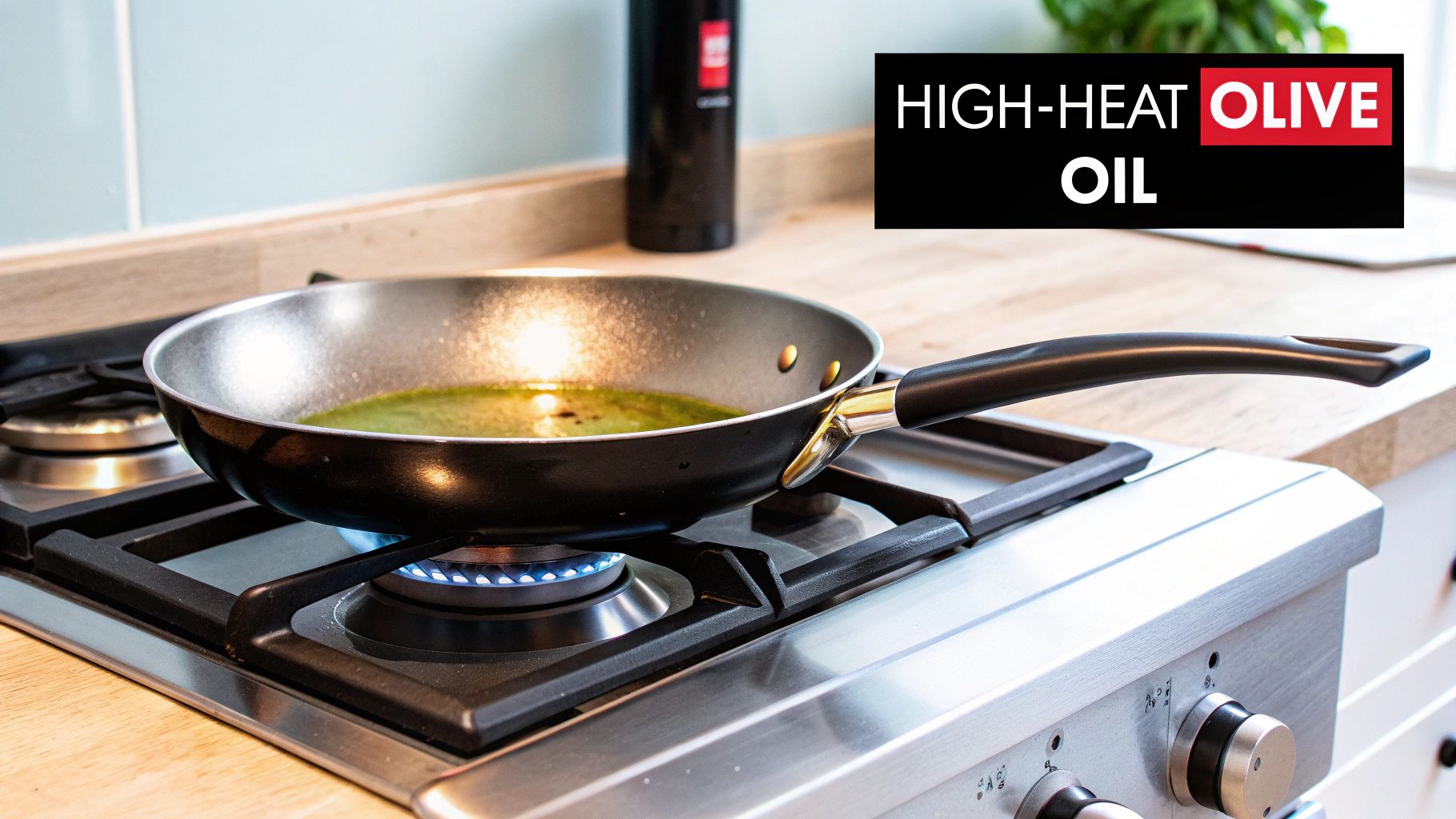 A golden stream of olive oil being poured into a frying pan on a stove.