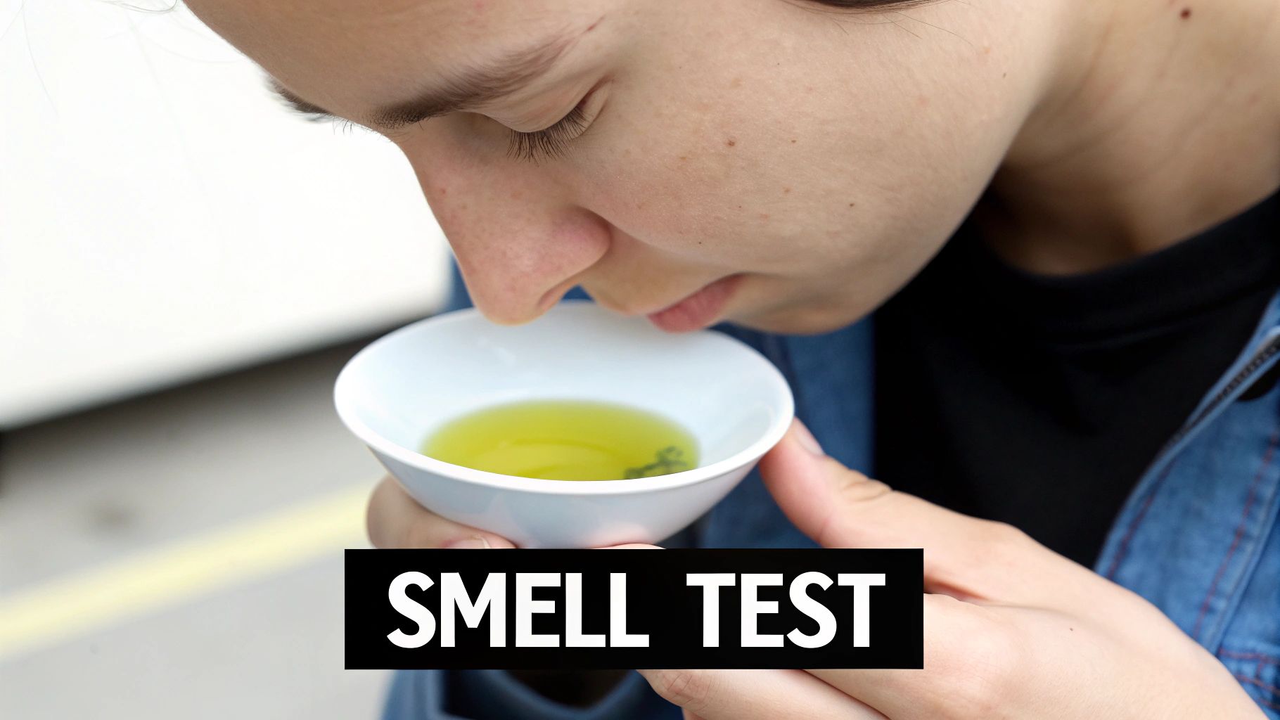 A person smelling olive oil from a small glass to check for rancidity.