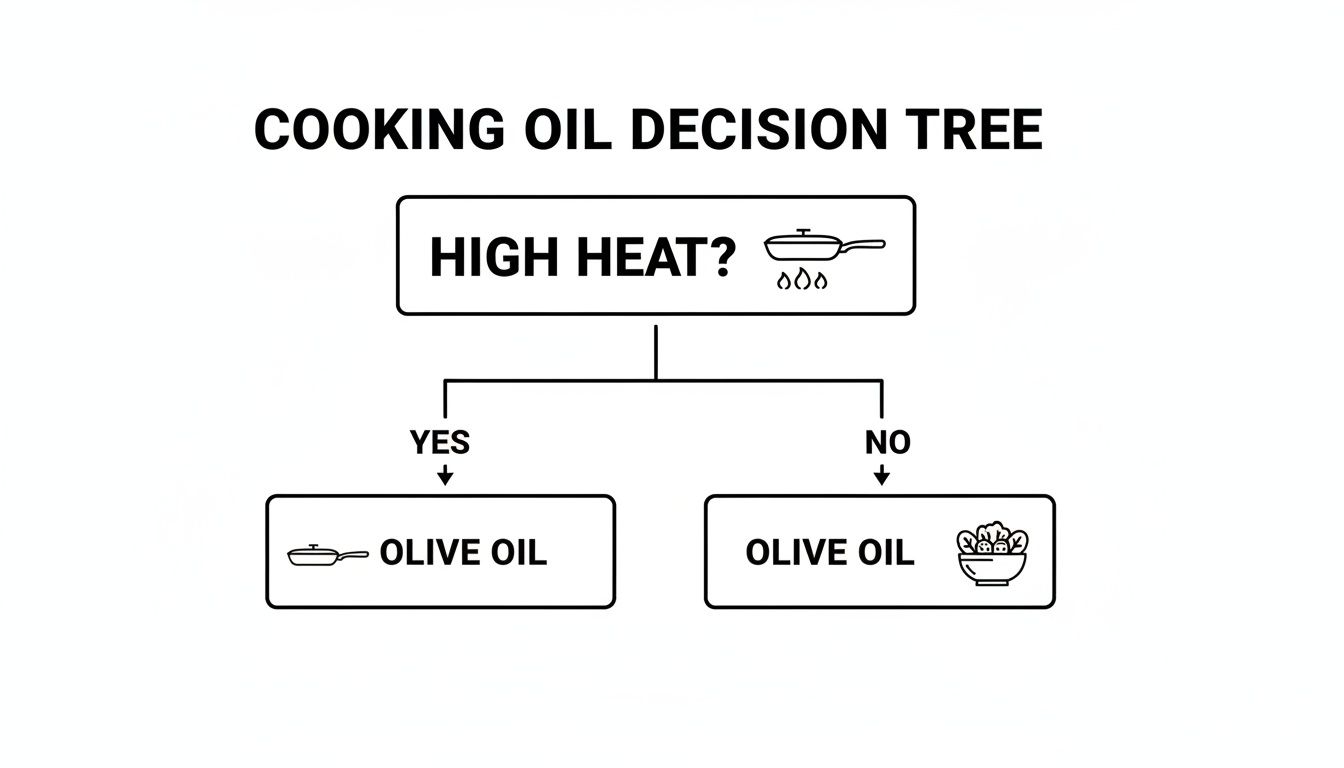 A cooking oil decision tree flowchart always recommending olive oil for high heat or no heat cooking.