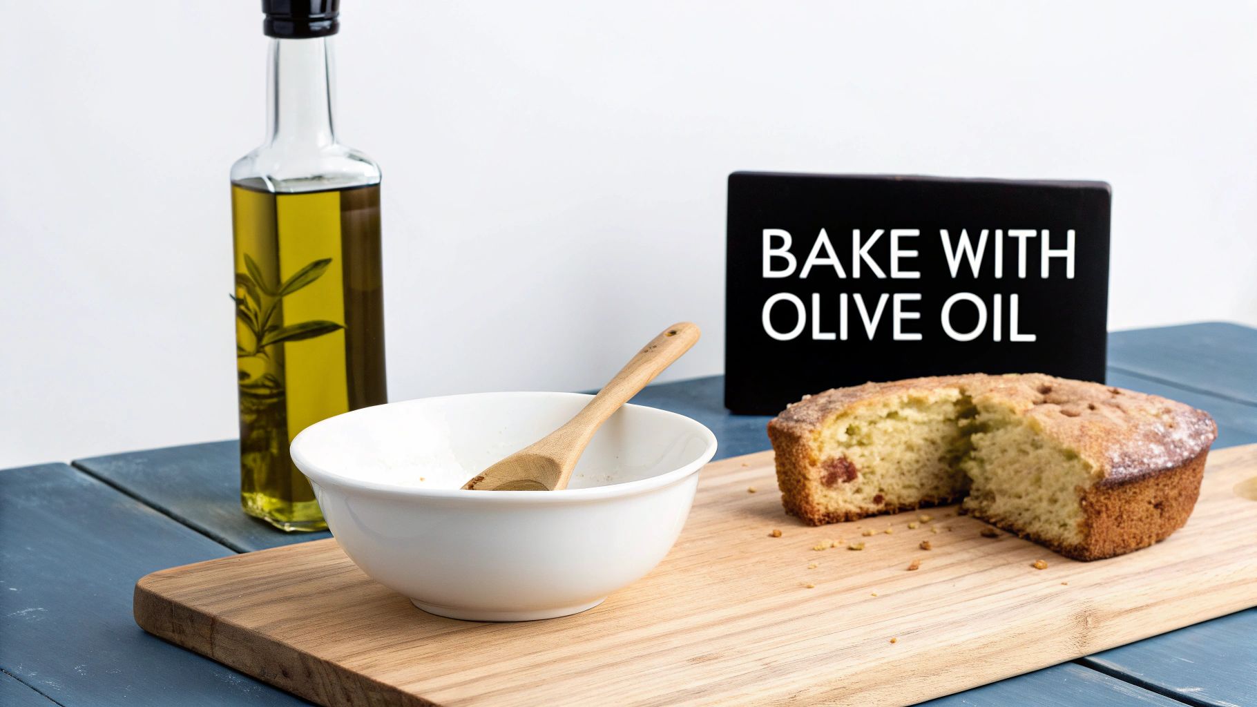 A bottle of olive oil next to a bowl of flour and eggs on a rustic wooden table, ready for baking.
