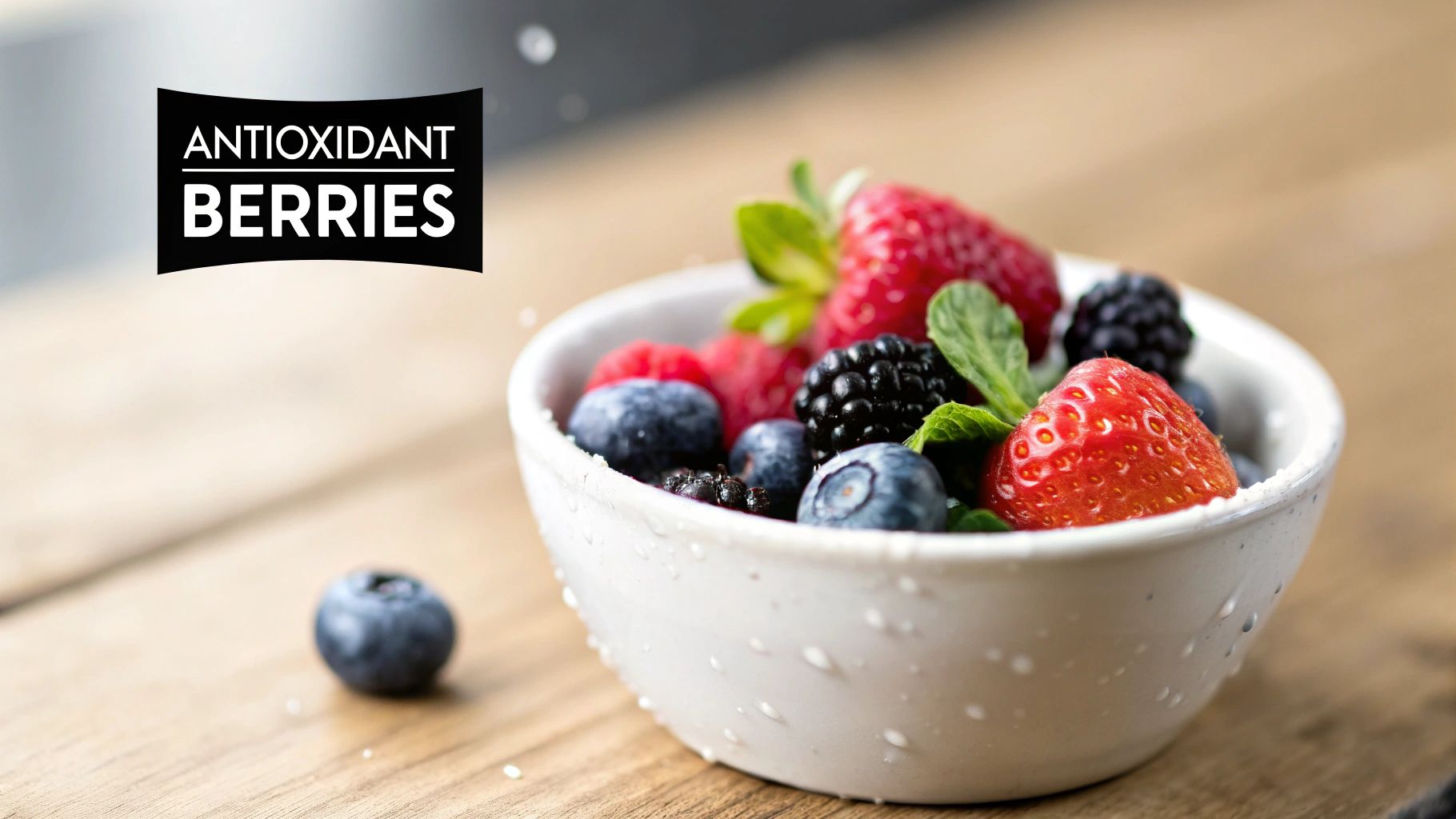 A fresh bowl of water-splashed antioxidant berries, including strawberries, blueberries, raspberries, and blackberries.
