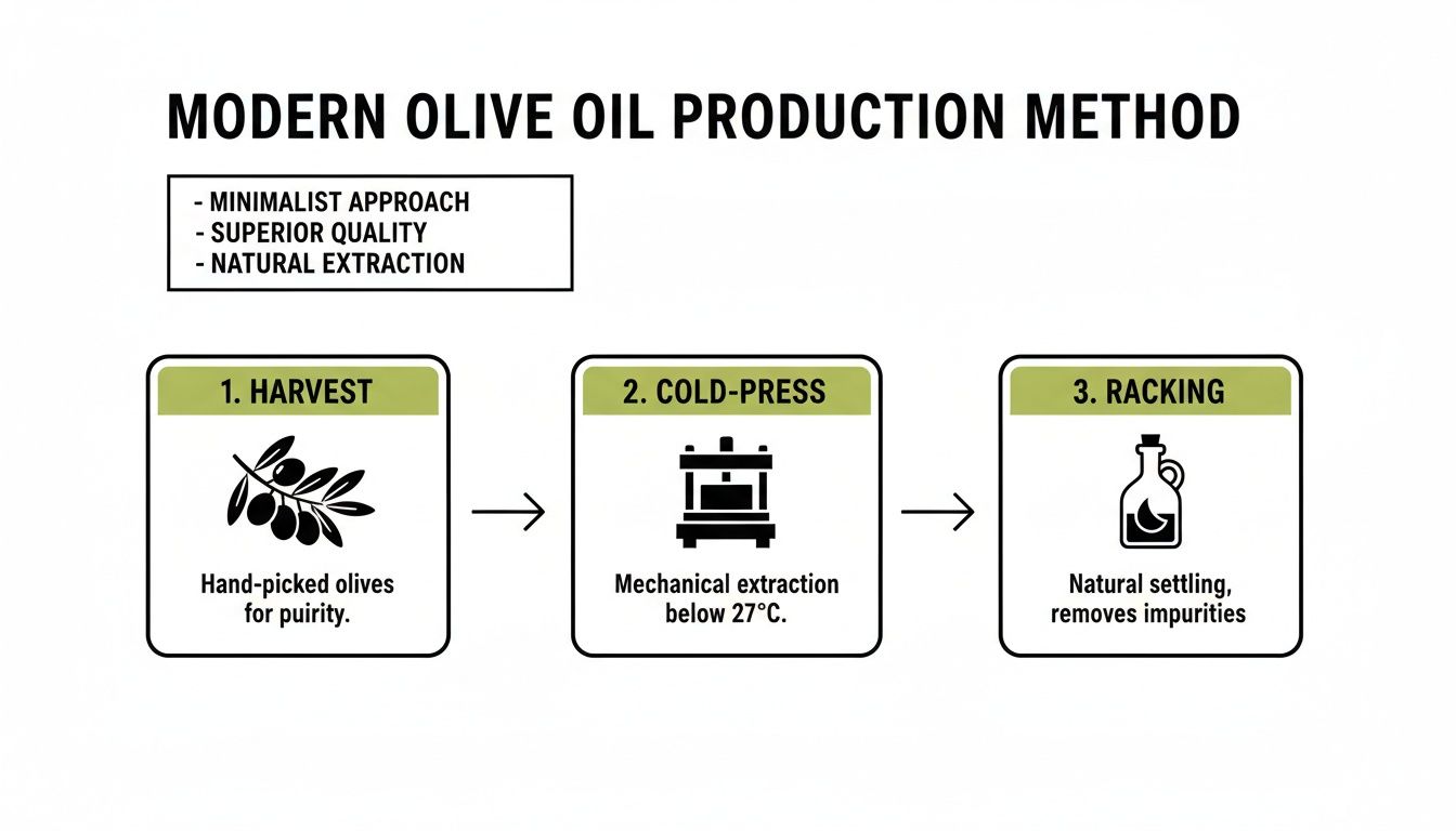 Infographic illustrating the modern olive oil production method: harvest, cold-press, and natural racking steps.